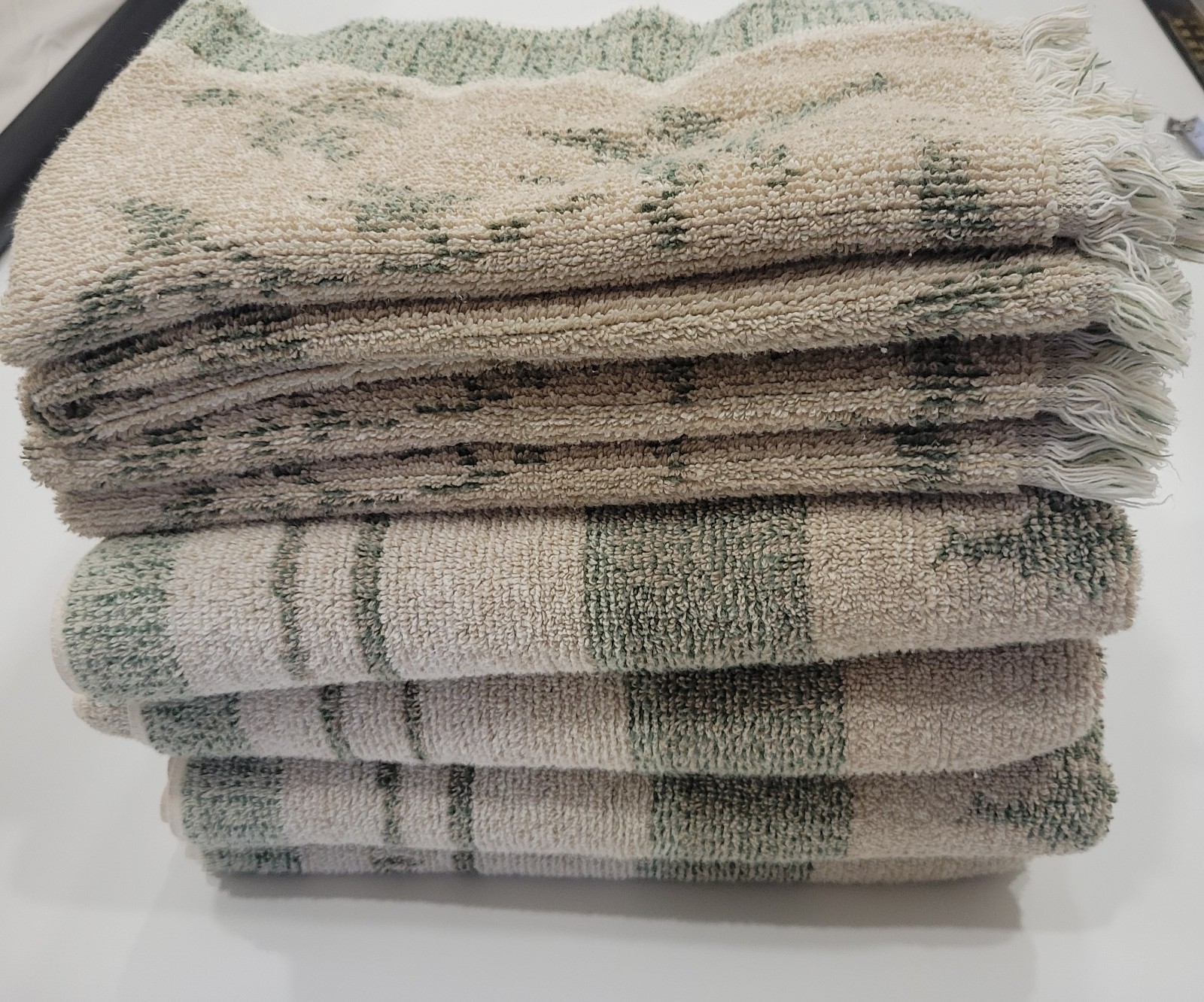 VTG Fieldcrest Royal Velvet 8-Pc Towel Set Sage Green Bamboo Floral Fringe USA