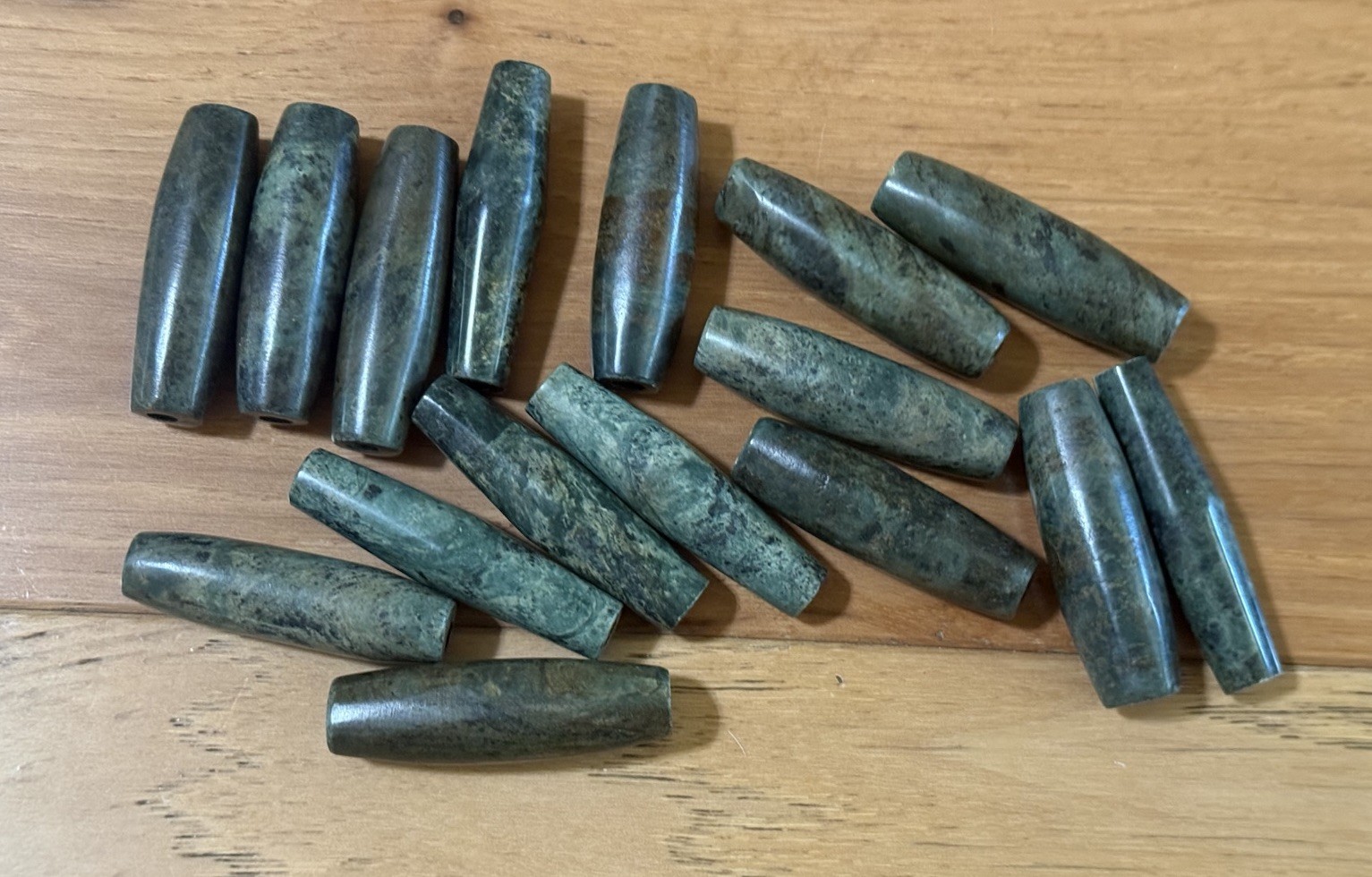 ANTIQUE PRE-COLUMBIAN/ANCIENT? MAYAN? LARGE CYLINDER TUBULAR STONE JADE BEADS