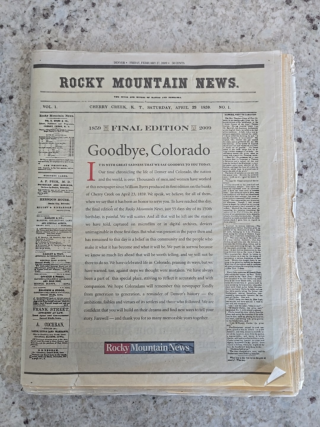Rocky Mountain News FINAL EDITION 2/27/09 RMN 1859-2009 MINT / Complete 52 Pages
