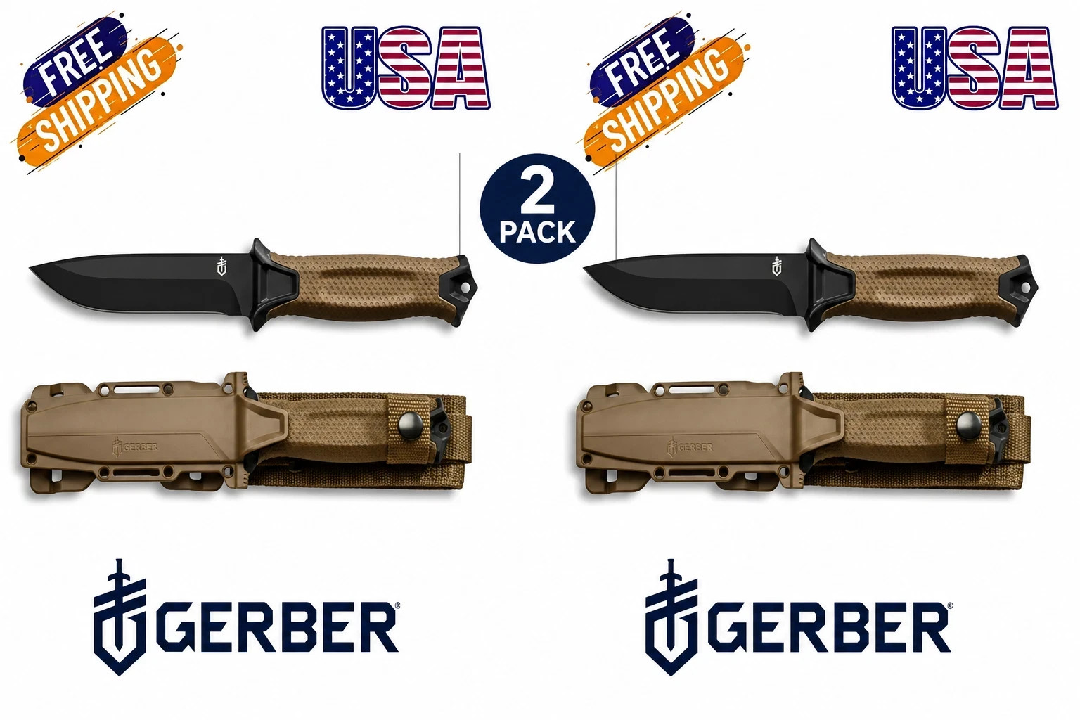 2X Gerber StrongArm Fixed Blade Knife Plain Edge - Coyote Brown - NEW