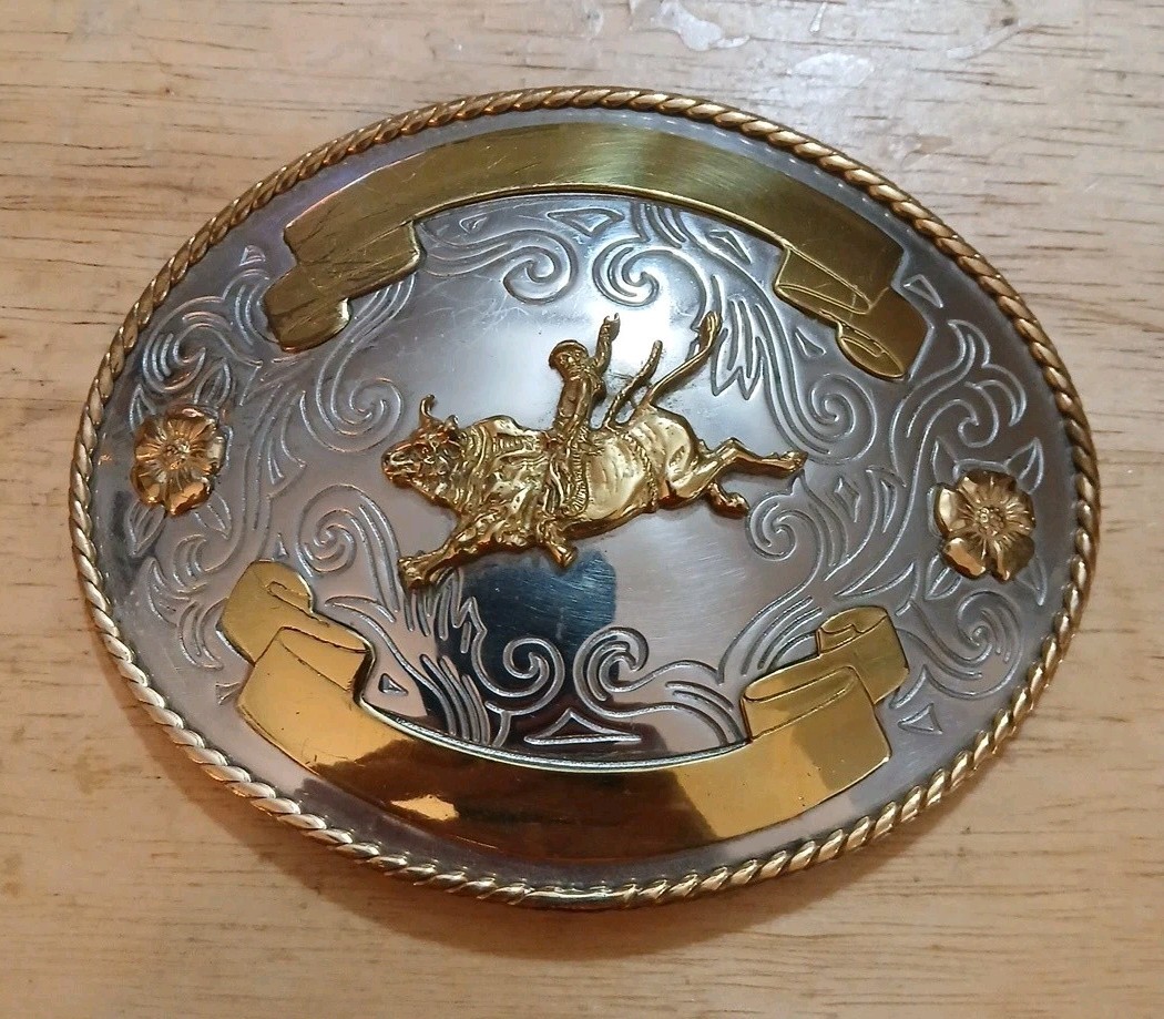 Vintage Tony Lama Large Bull Rider German Silver Bronze Western Belt Buckle