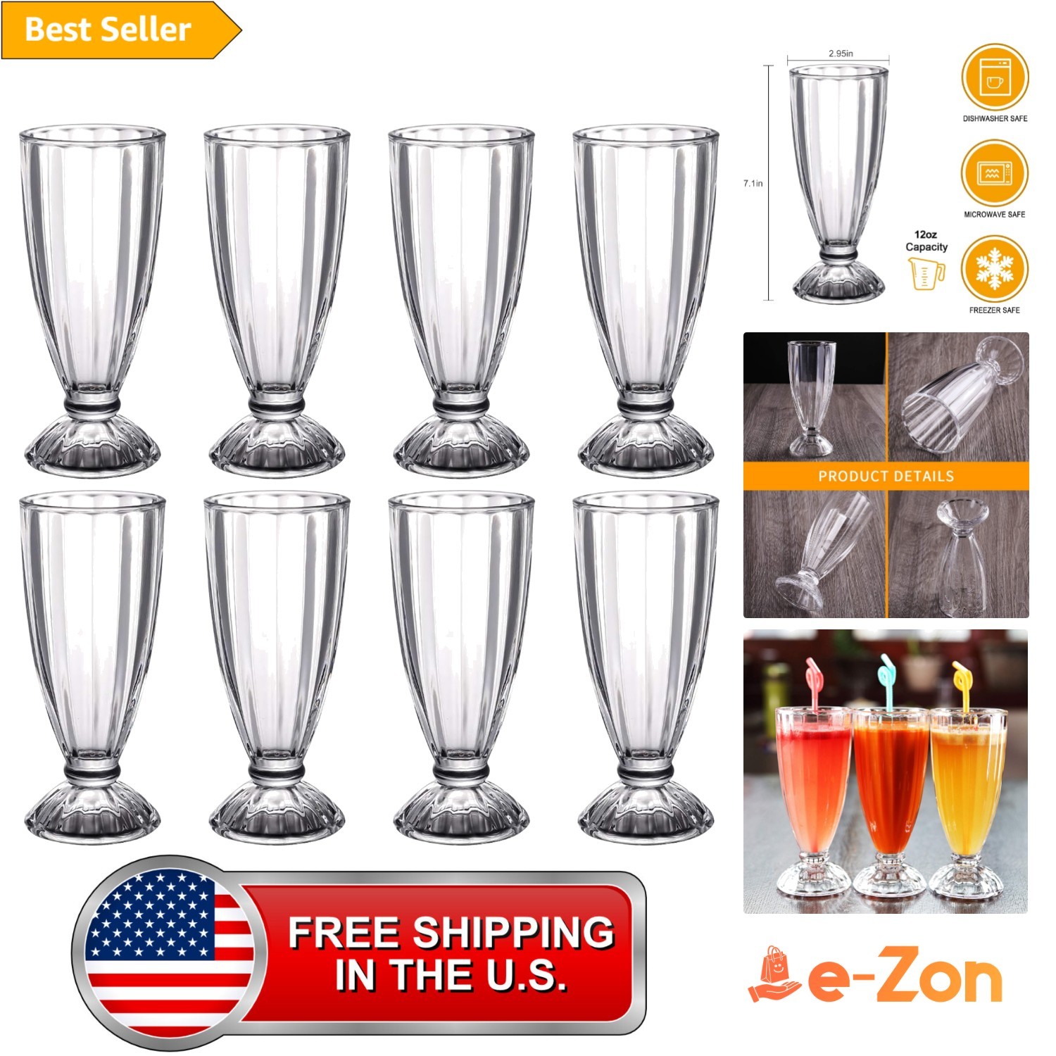 Milkshake Cups Glasses 12oz 8 Pack Sundae Ice Cream Float Drinkware
