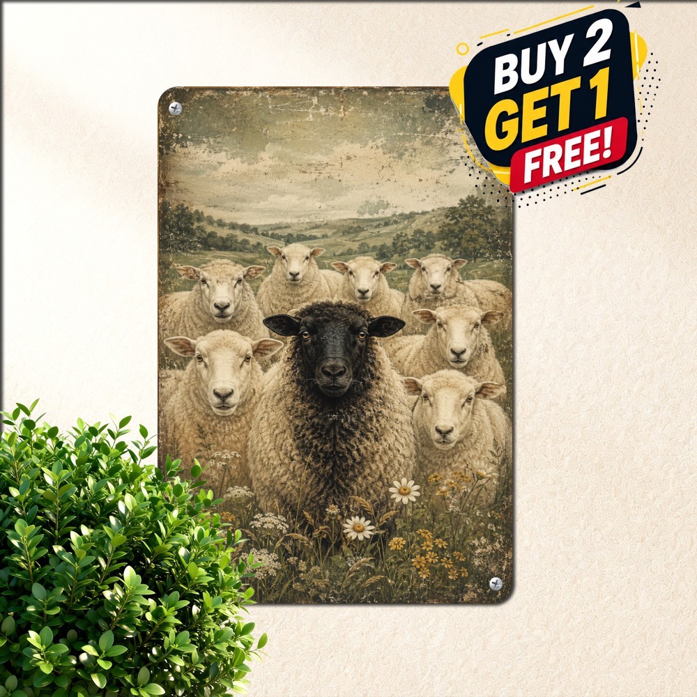 Pastoral Sheep Painting Tin Sign Country Meadow Animal Metal Wall Decor