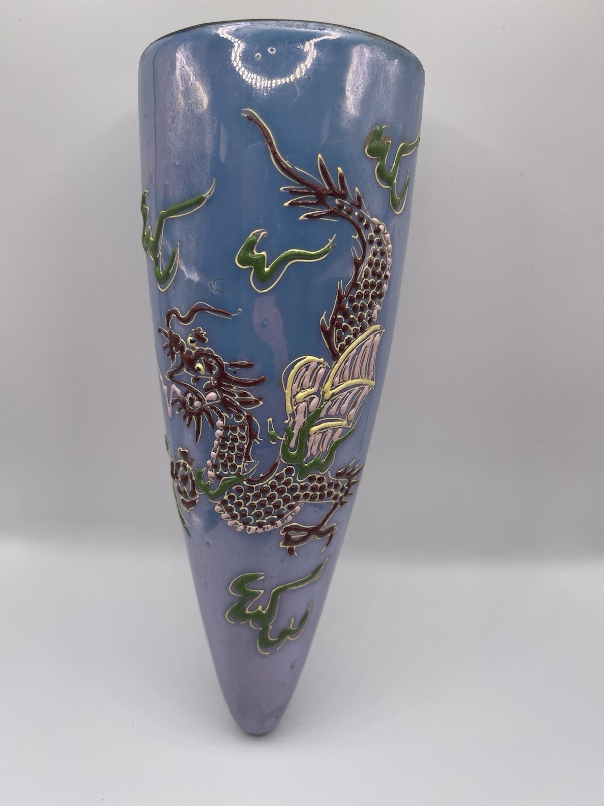 JAPAN porcelain Lusterware Moriage Dragon Wall Pocket 7” Blue Maroon