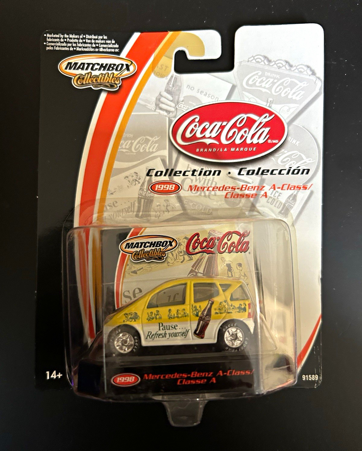 Coca-Cola Vintage 1998 Mercedes-Benz A-Class Die-Cast Car Yellow/White Repro