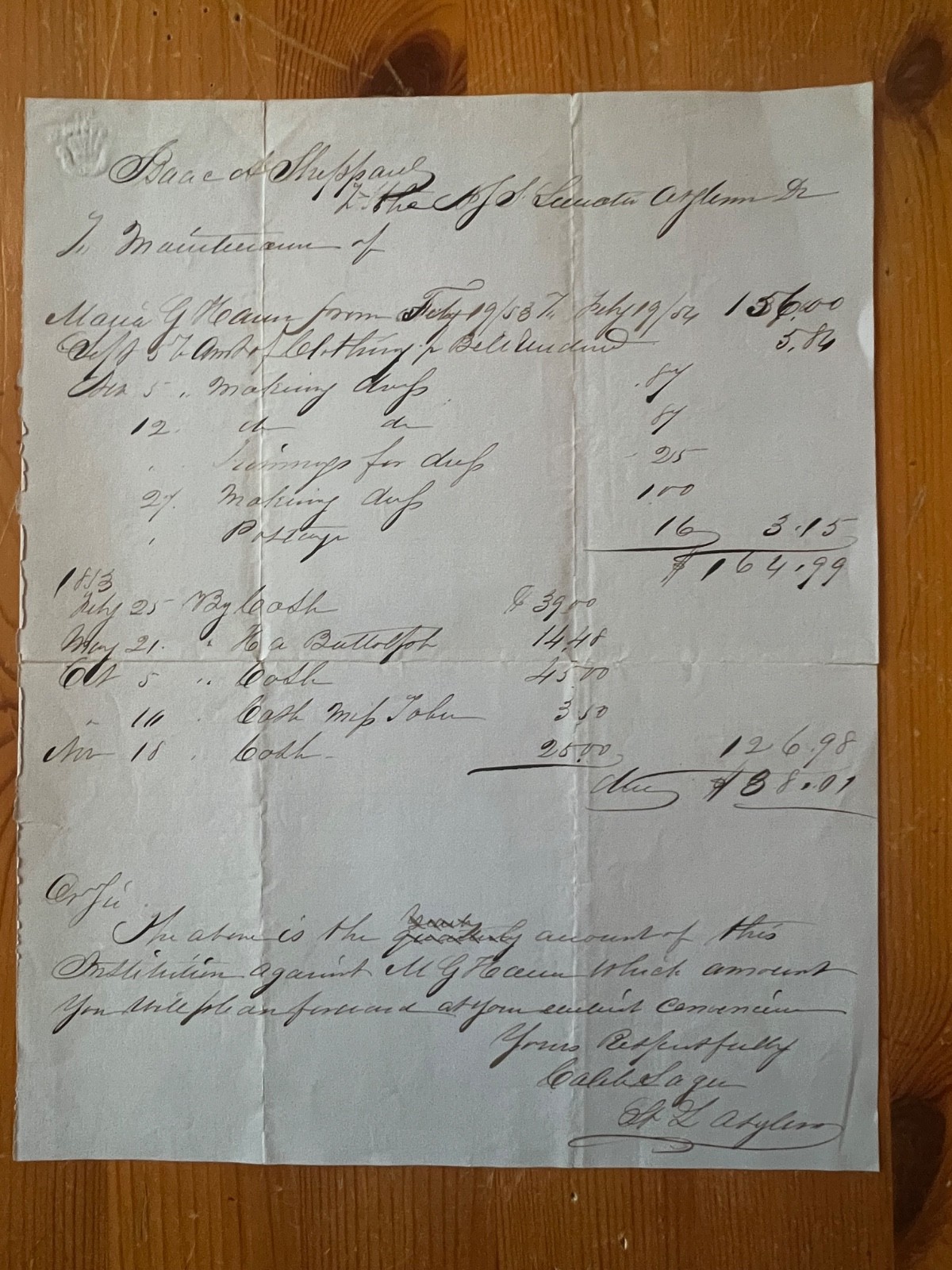 1853 NYS Lunatic Asylum Handwritten Document Utica New York Psychiatric History