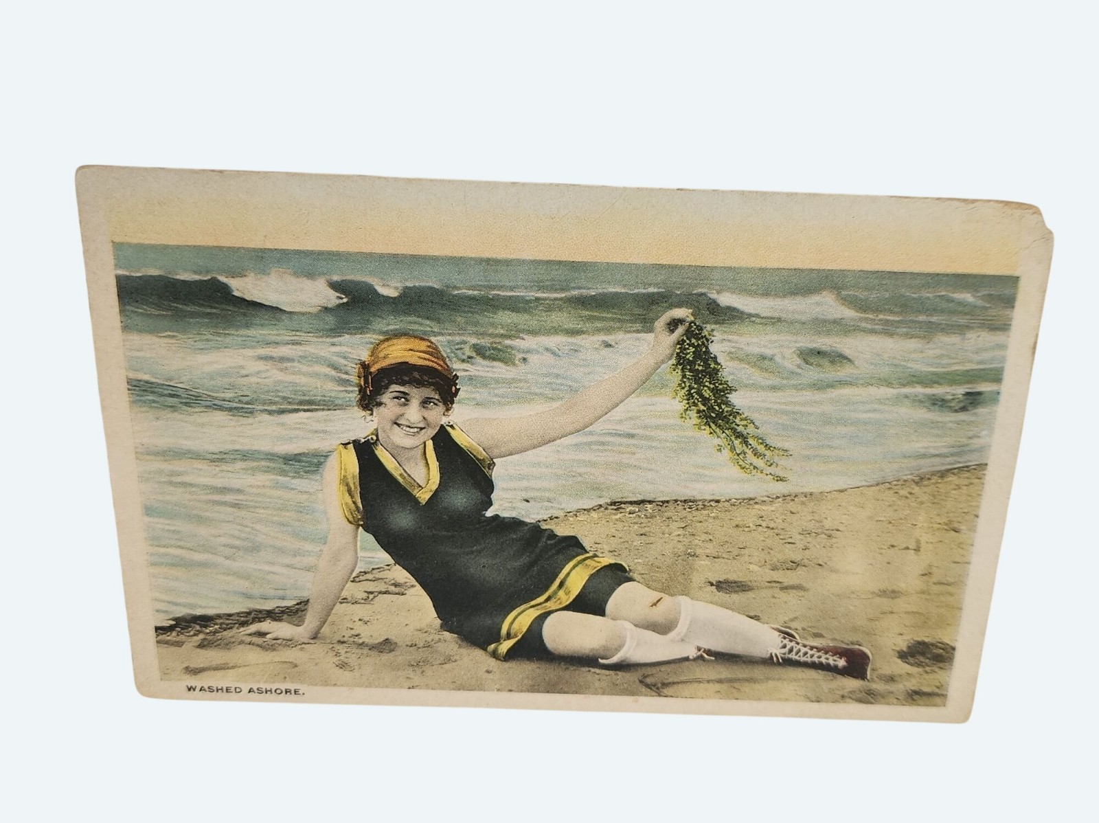 Antique 1919 Postcard Washed Ashore Beach Scene Lady Handwritten Message
