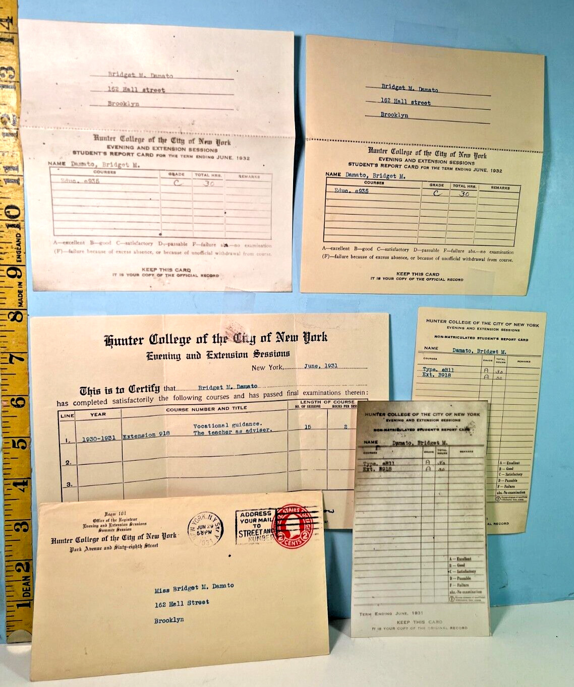 1931 Hunter College of New York School Items (5) Report cards
