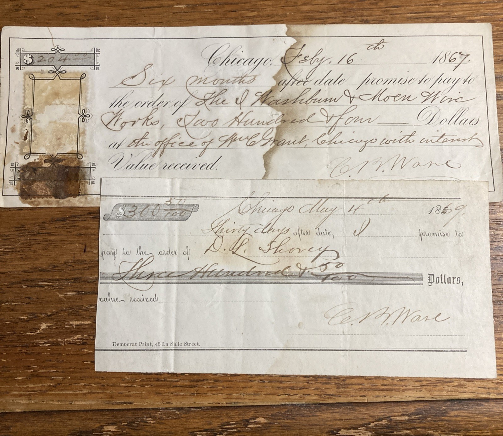 Antique 1867 & 1869 Promissory Notes Chicago, Democrat Print, 45 LaSalle St.
