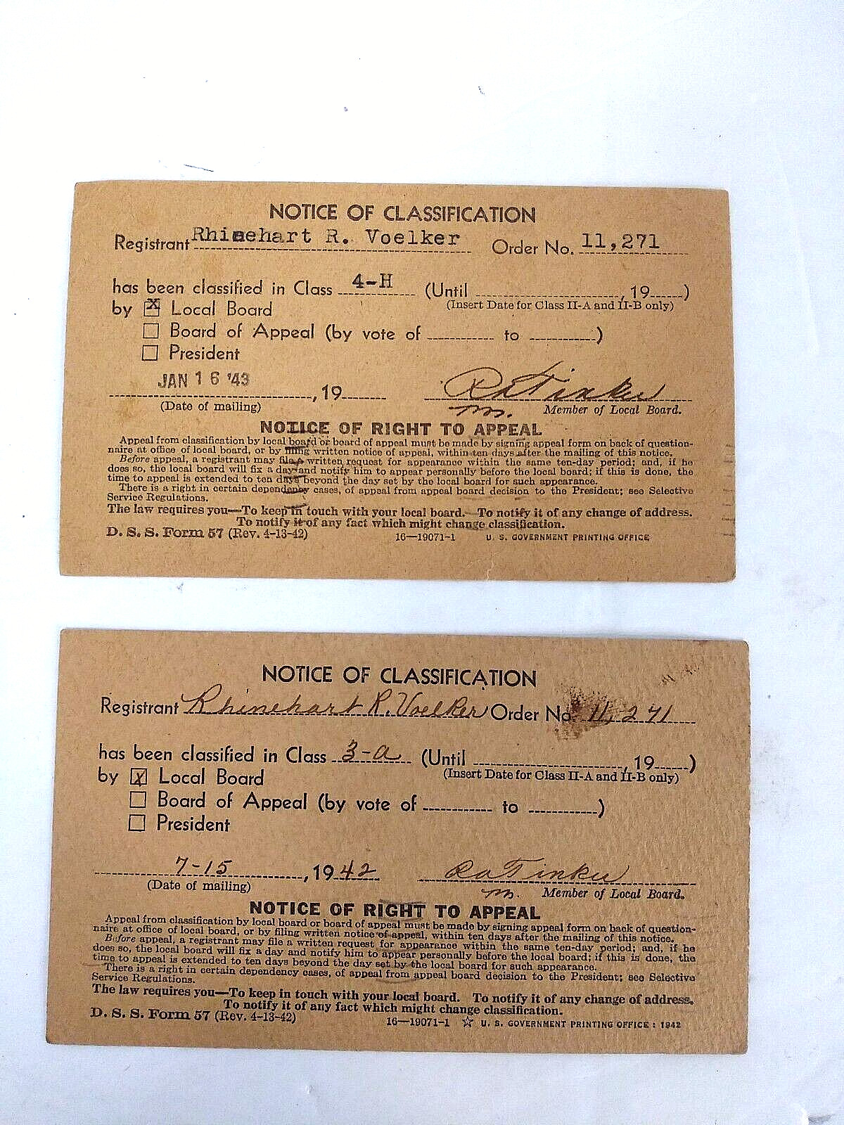 Notice Of Classification 1942 , 1943 Set of two