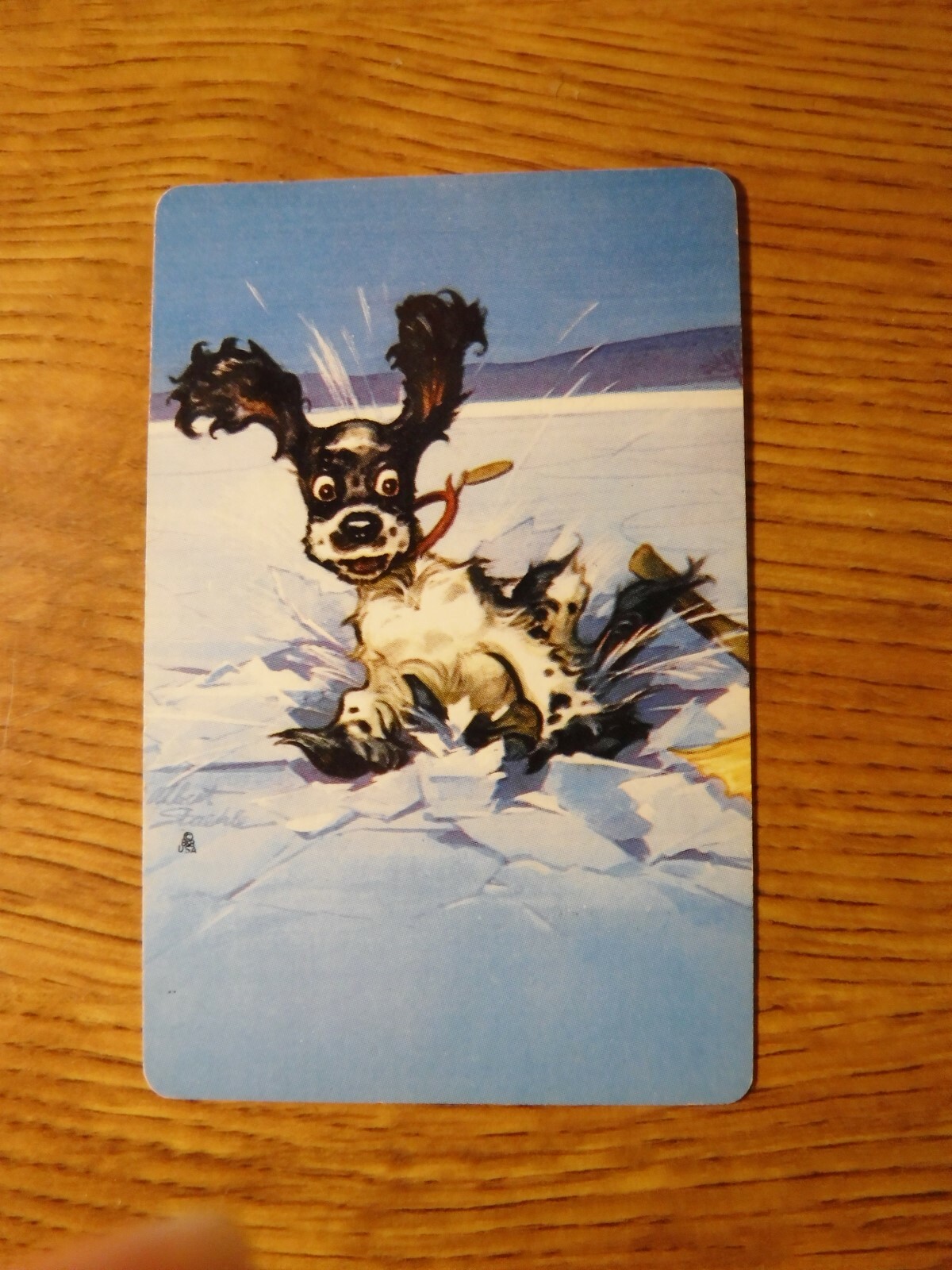 MID 1900'S VINTAGE PLAYING CARD SWAP COUPON BUTCH DOG FALLING IN ICE ON LAKE