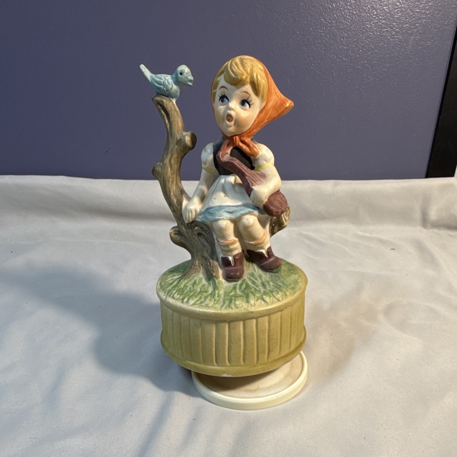 Vintage 1979 Girl with Guitar Figurine Music Box Rotating Hummel Style Works