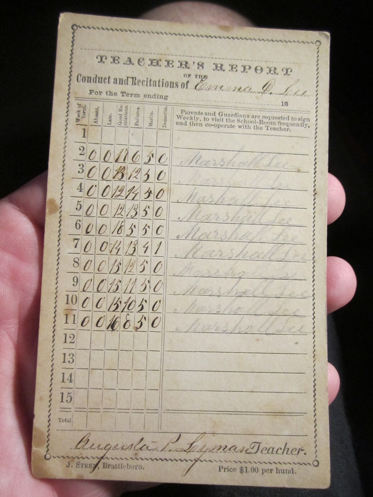 ANTIQUE TEACHER\'S REPORT CARD CIRCA 1800\'S SIGNED BBA-40