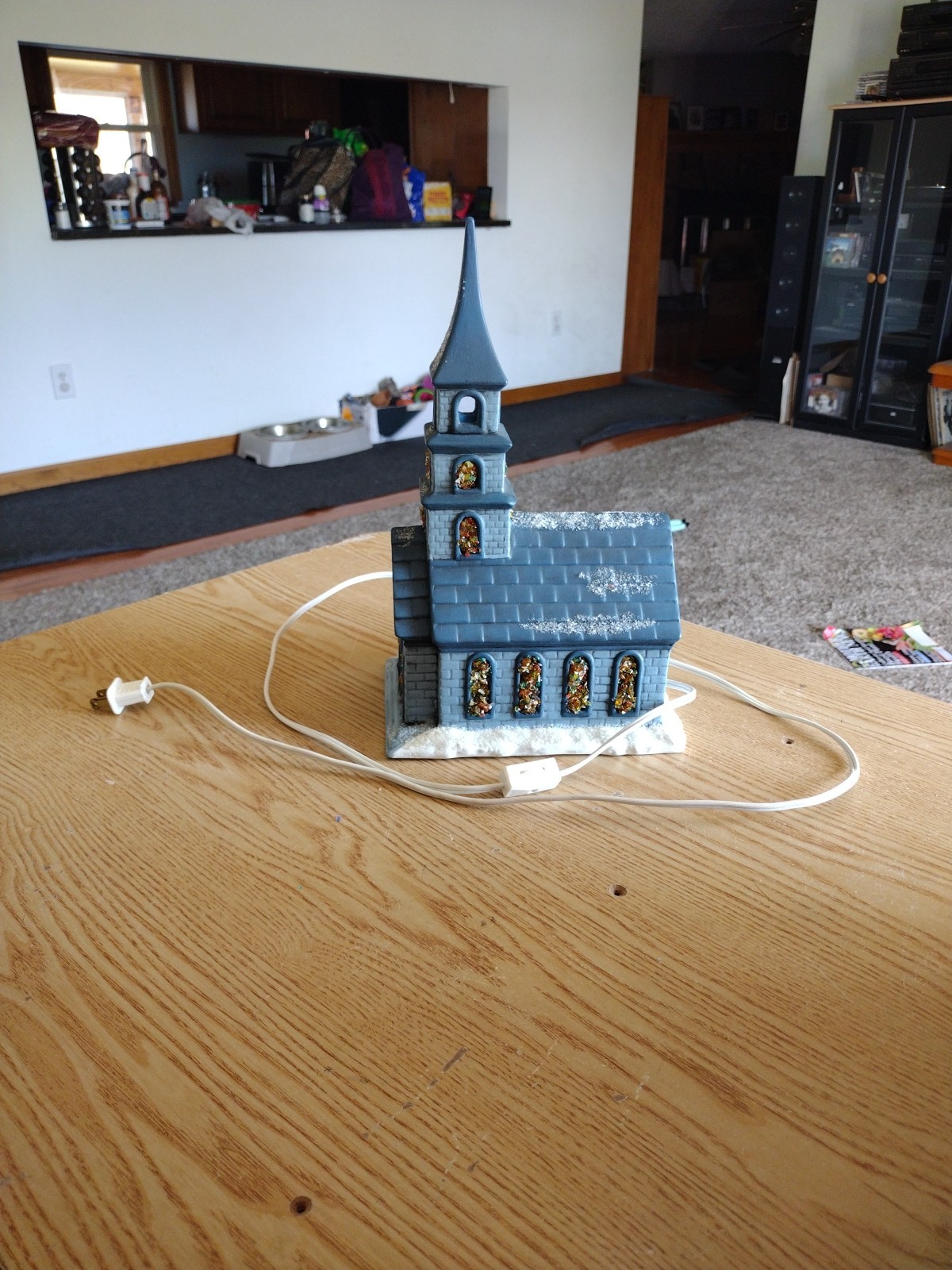 Vintage Ceramic Lighted Church Vlg. Blue w/ Snow Gold Accents, Christmas Decor