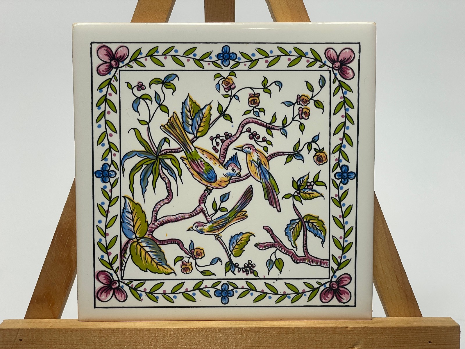 Vintage Portuguese Hand Painted Ceramic Tile Vibrant Bird & Floral Motif 4.25
