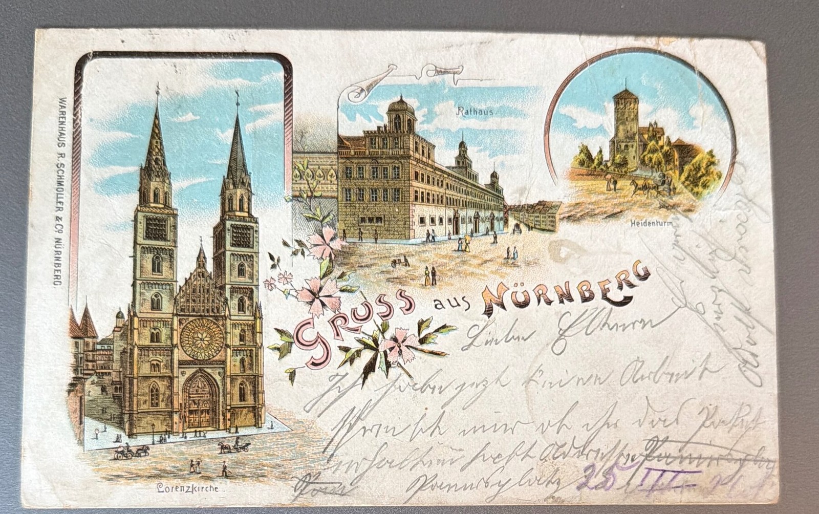 Postcard 1899 Gruss aus Nürnberg Litho Lorenzkirche Rathaus Heidenturm Used