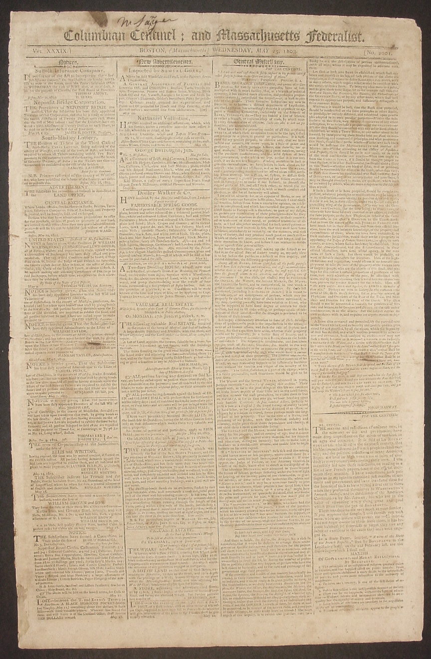 1803 The Columbian Centinel; and Massachusetts Federalist Newspaper, Original