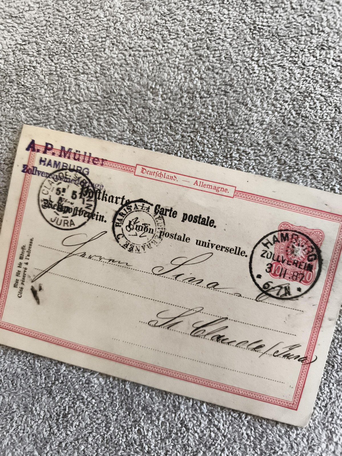 Postcard postcard Germany Hamburg A-P Müller used 1897 stamp Jura