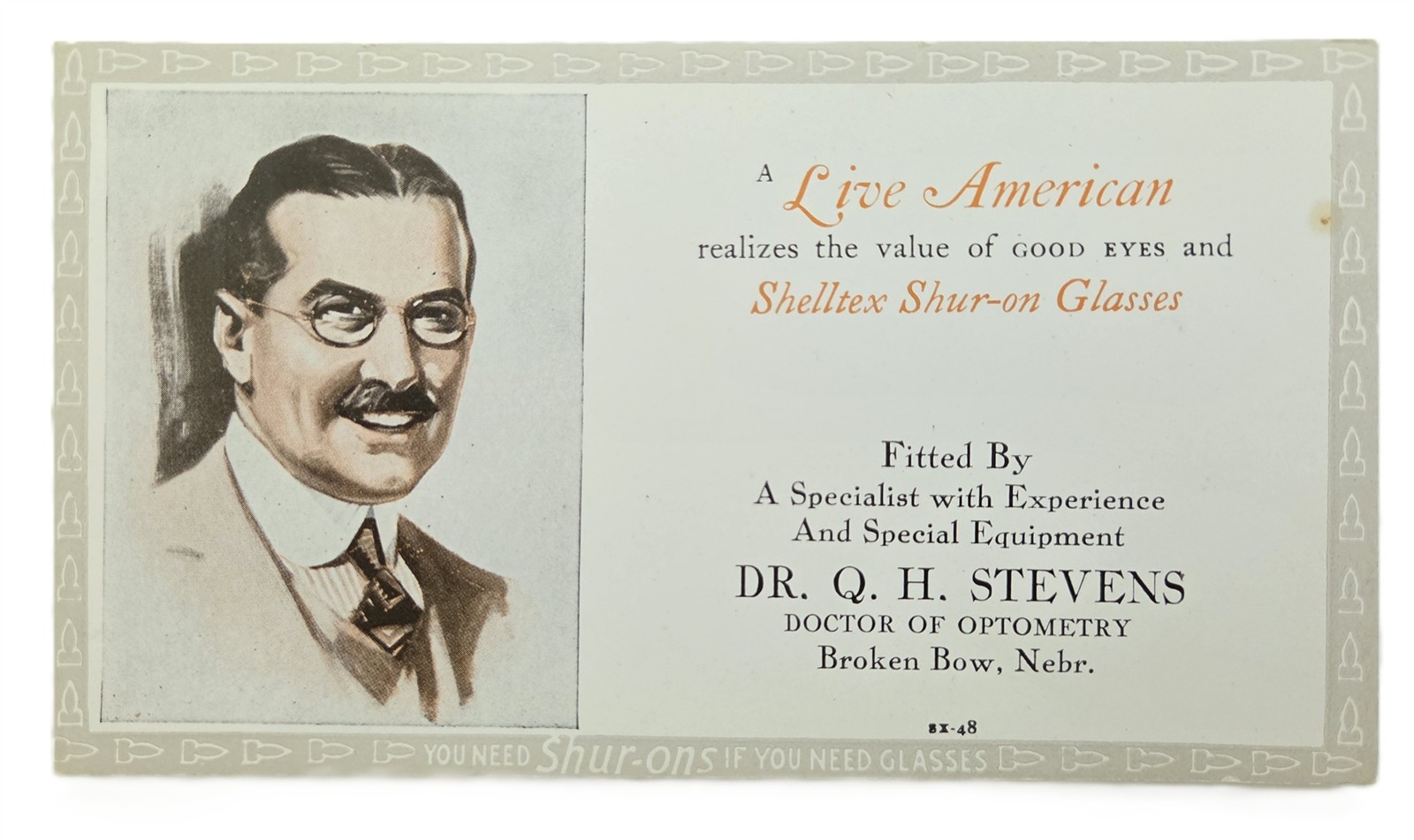 1930s antique DR QH STEVENS broken bow ne SHELLTEX SHUR-ON OPTOMETRY ink blotter