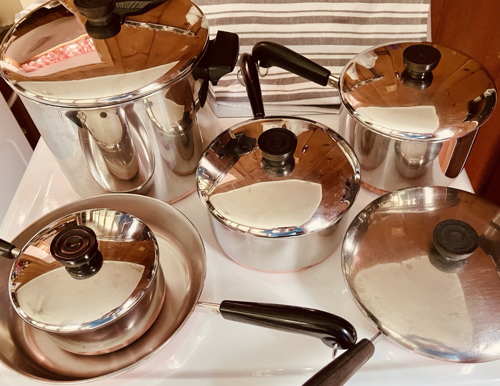 Vintage Revere Ware 1801 Copper Bottom 6 Pans w/ 5 Lids