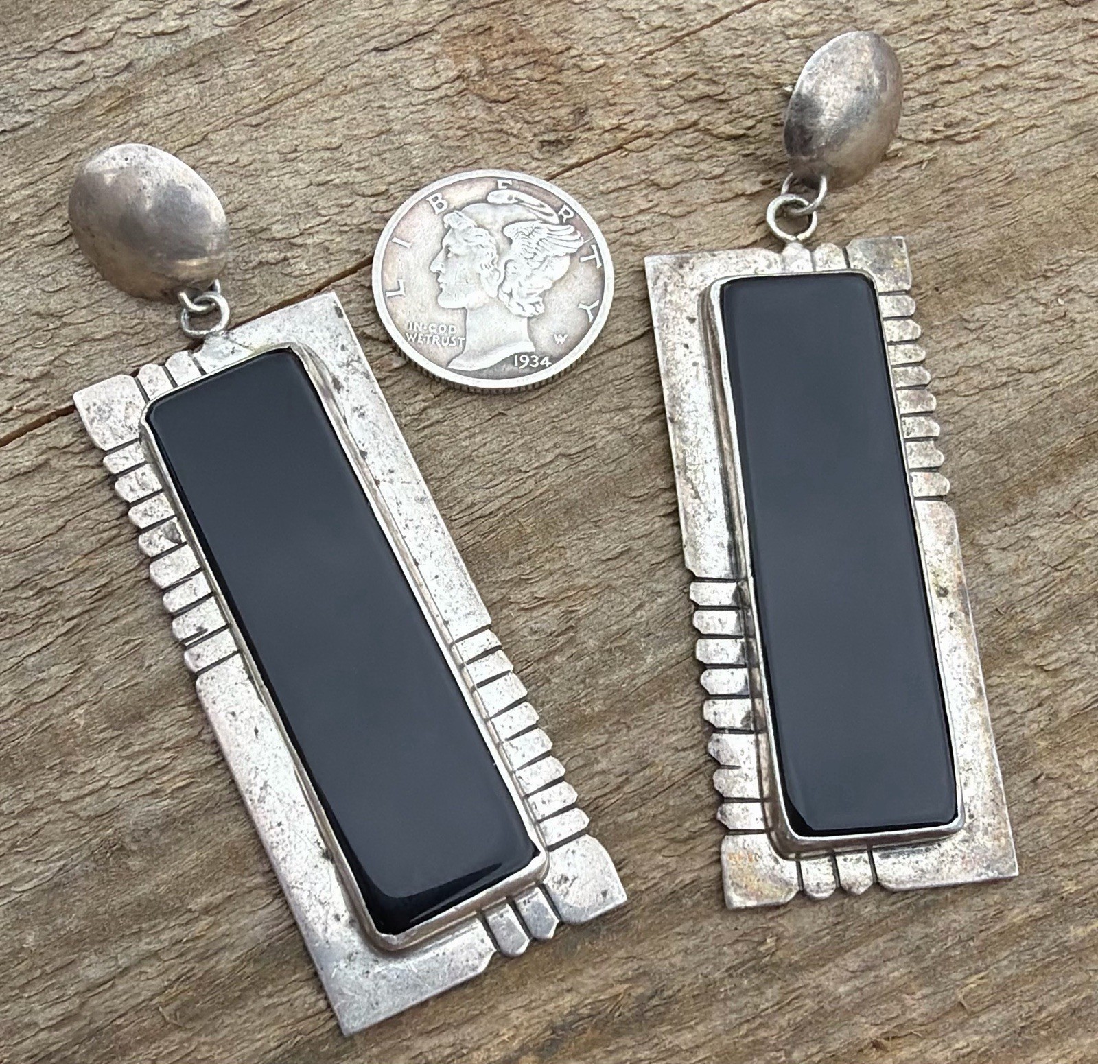 18g Vintage Navajo Sterling Black Onyx Earrings NANCY ELBY Collection 2.5” LONG