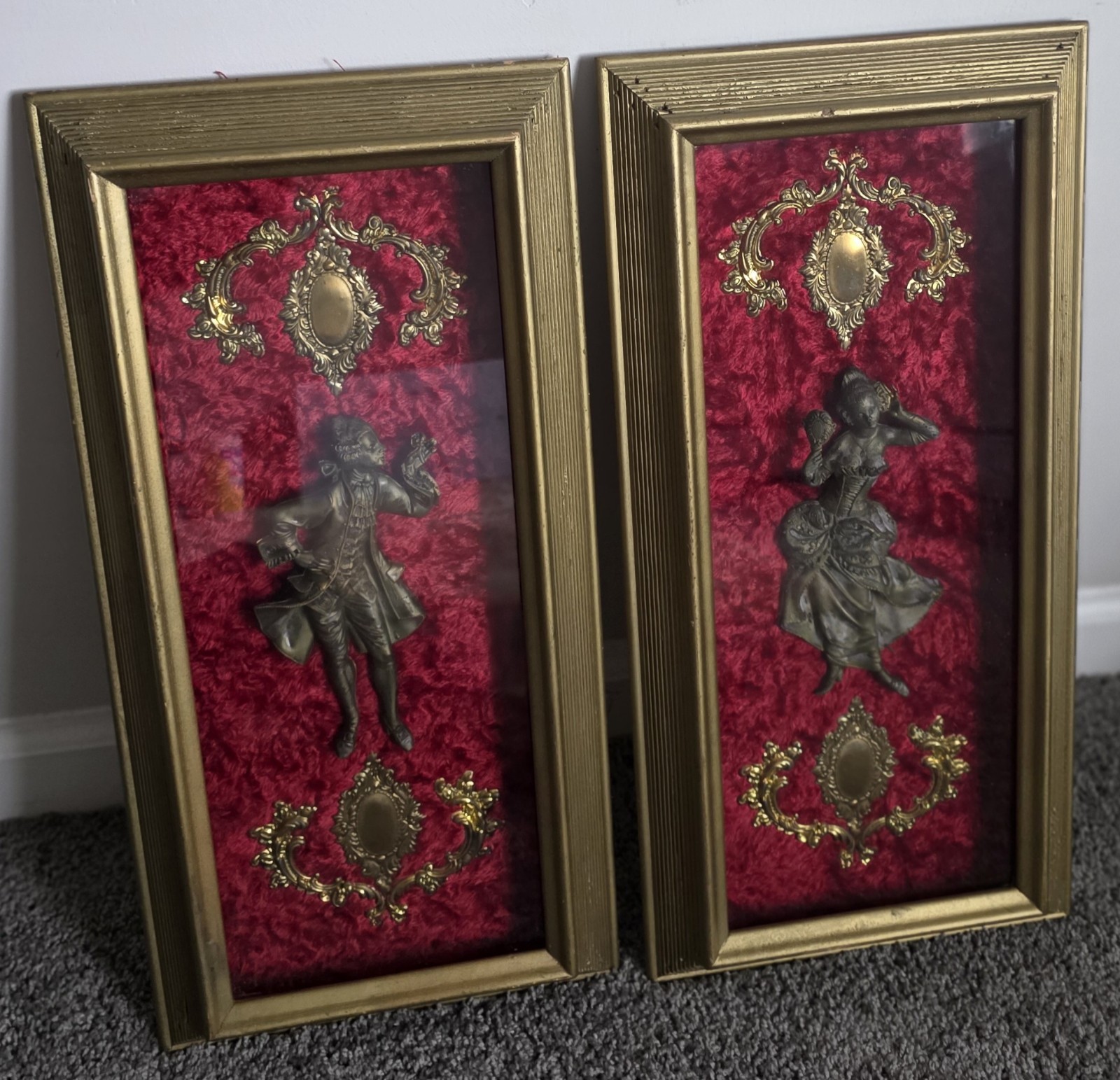 Vintage Mid Century Victorian Shadow Box Wall Plaques Pair 3D Relief Figures Red