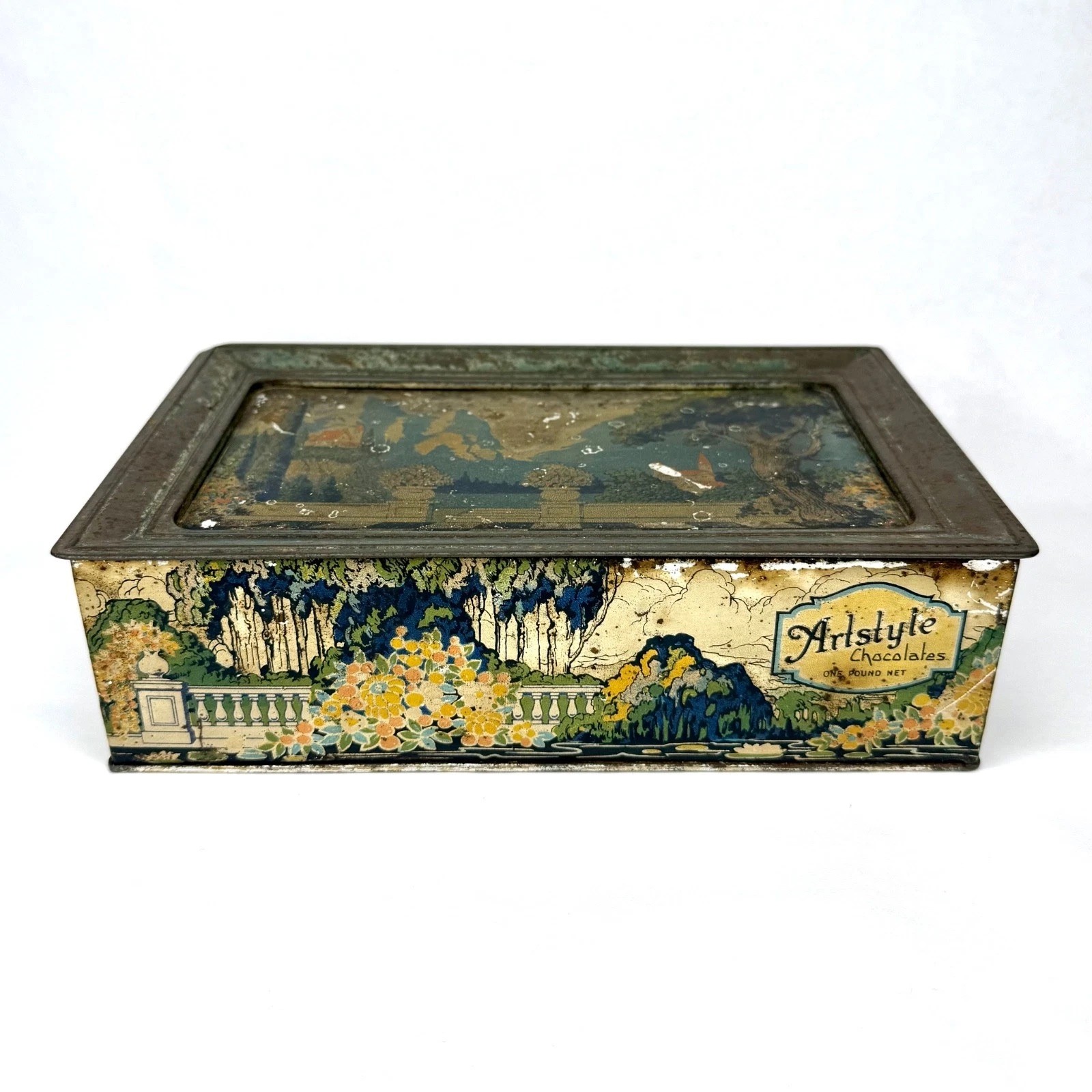 Antique 1920s Artstyle Chocolate Co. Candy Tin Lithograph Landscape Art Deco Box