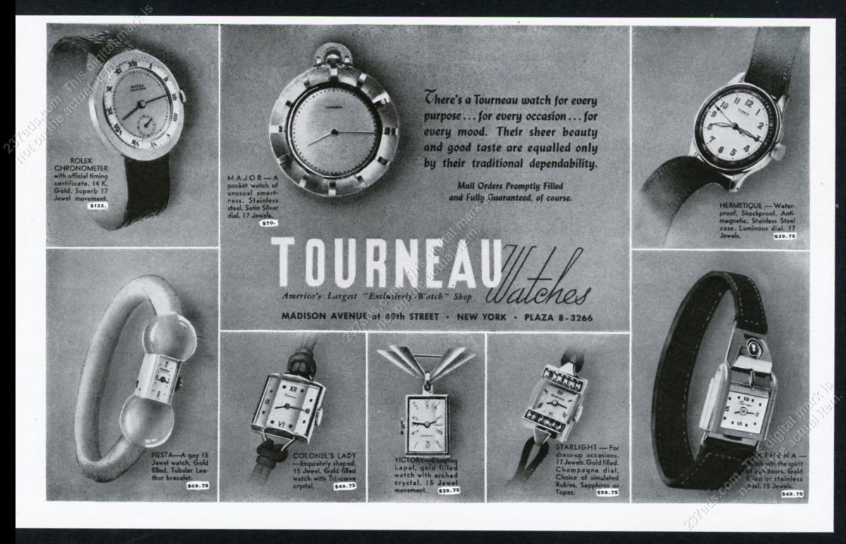 1942 Rolex Roman numeral chronometer watch Hermetique etc Tourneau vtg print ad