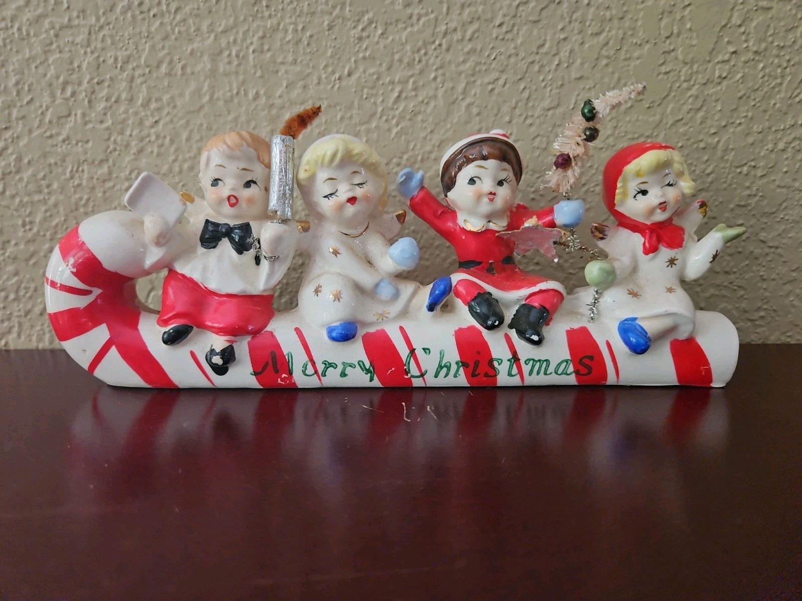 Vintage Commodore Ceramic Christmas Angels/Children On Candy Cane Sleigh Japan 