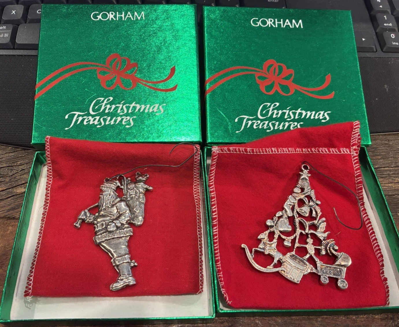 2 GORHAM Christmas Treasures Ornaments Santa with Toys & Christmas Tree