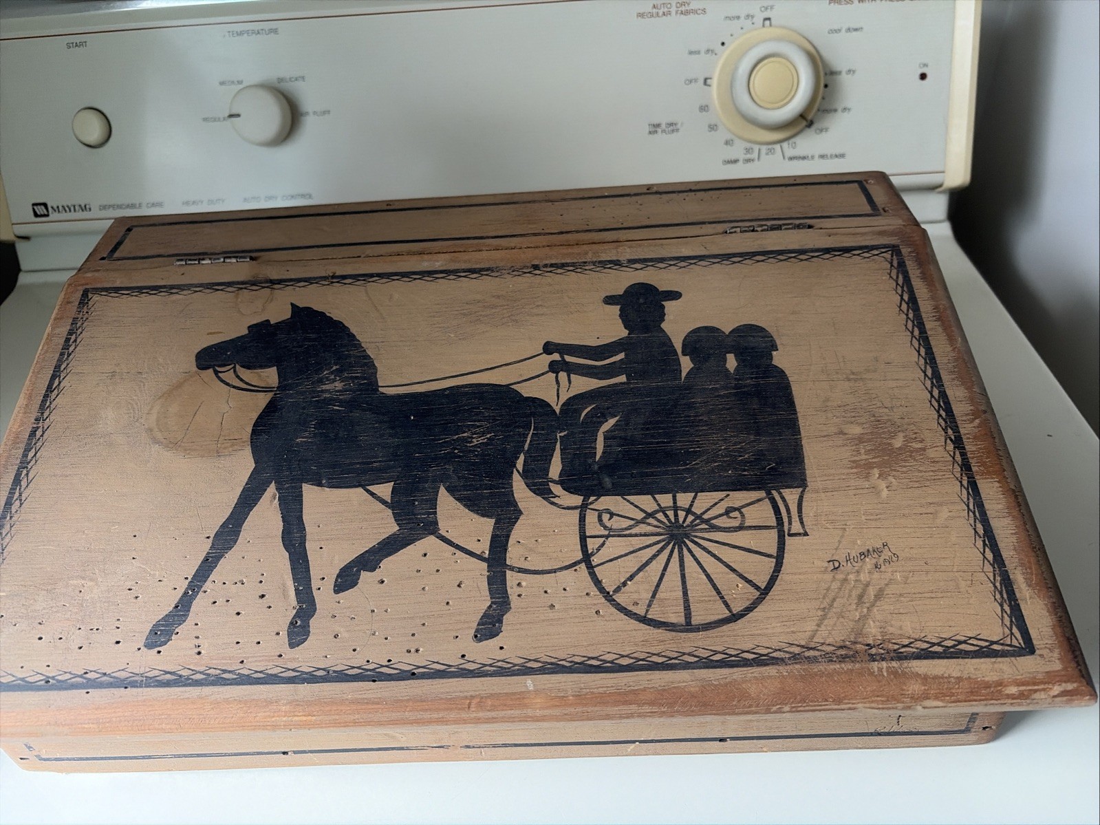 Vintage Habersham Amish Wooden Box Hand Painted Folk Art Of Horse And Buggy