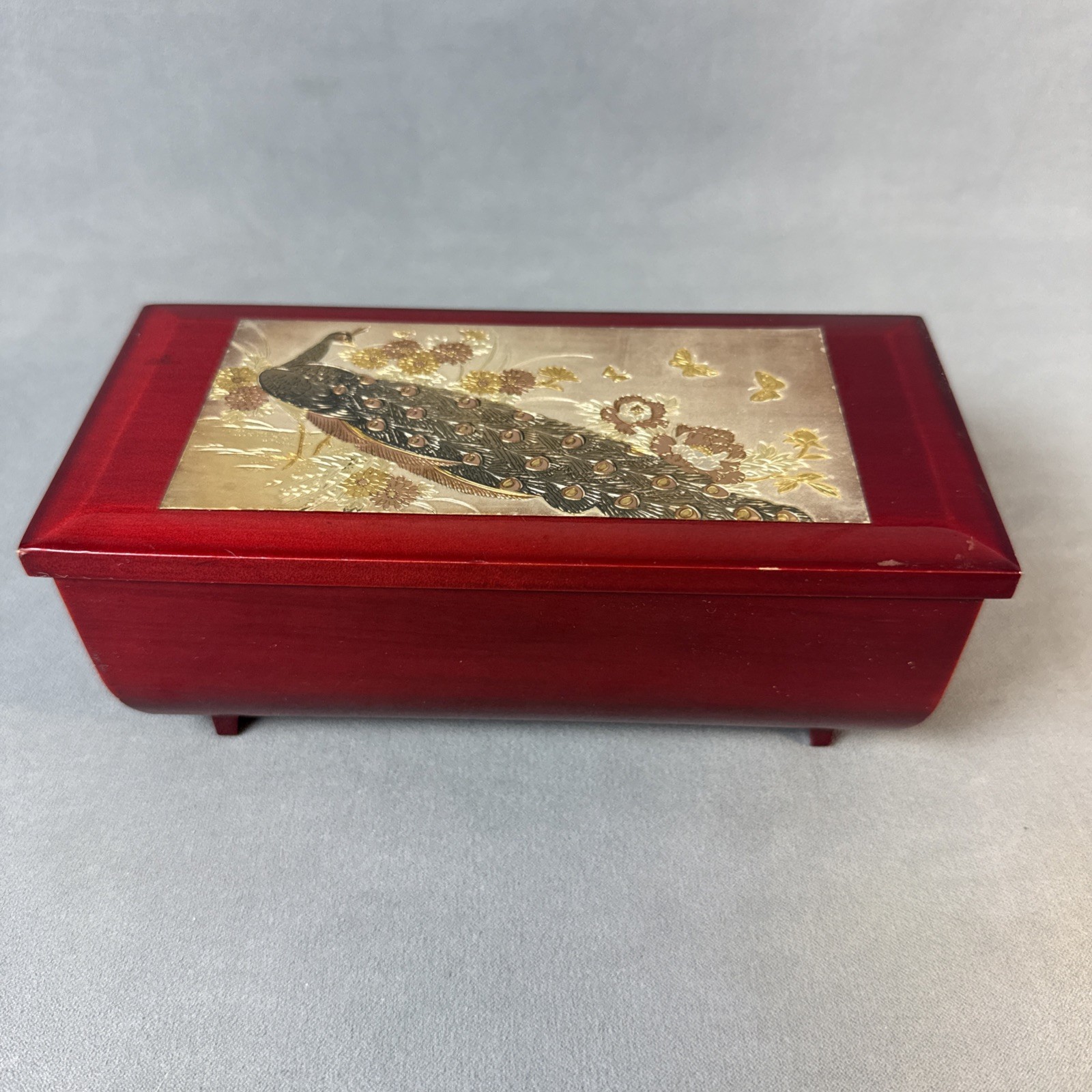 VTG Red Sankyo Peacock Jewelry Box Music, Japan Westland, Plays A Maidens Prayer