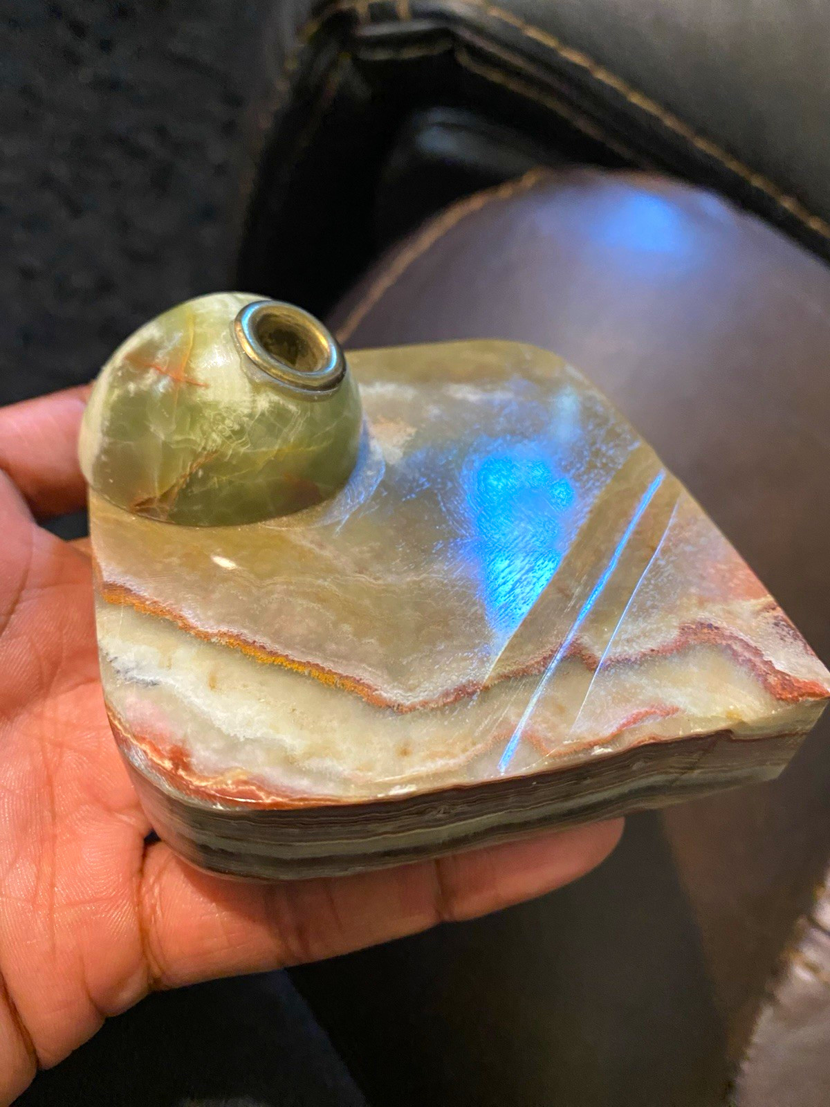 Vintage Green Marble Stone Desk Inkwell w/ Pen Rest, Green Ink Color