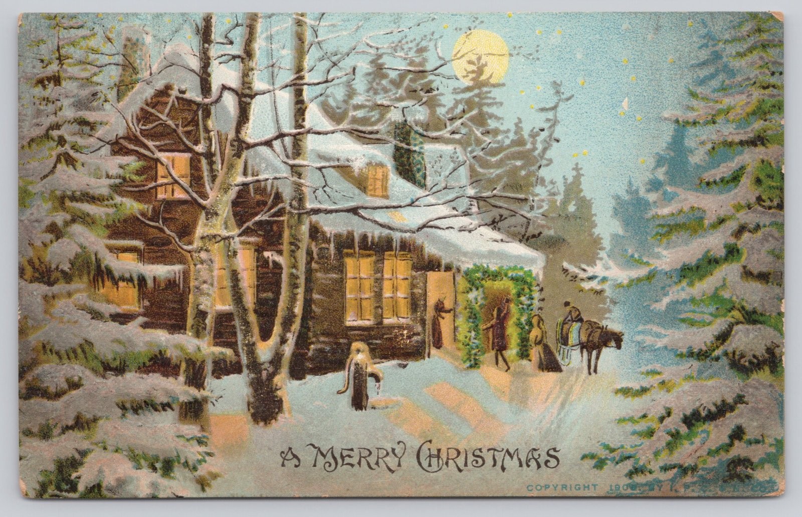 A Merry Christmas Snowy Cabin Scene Horse Moon Postcard 1910s