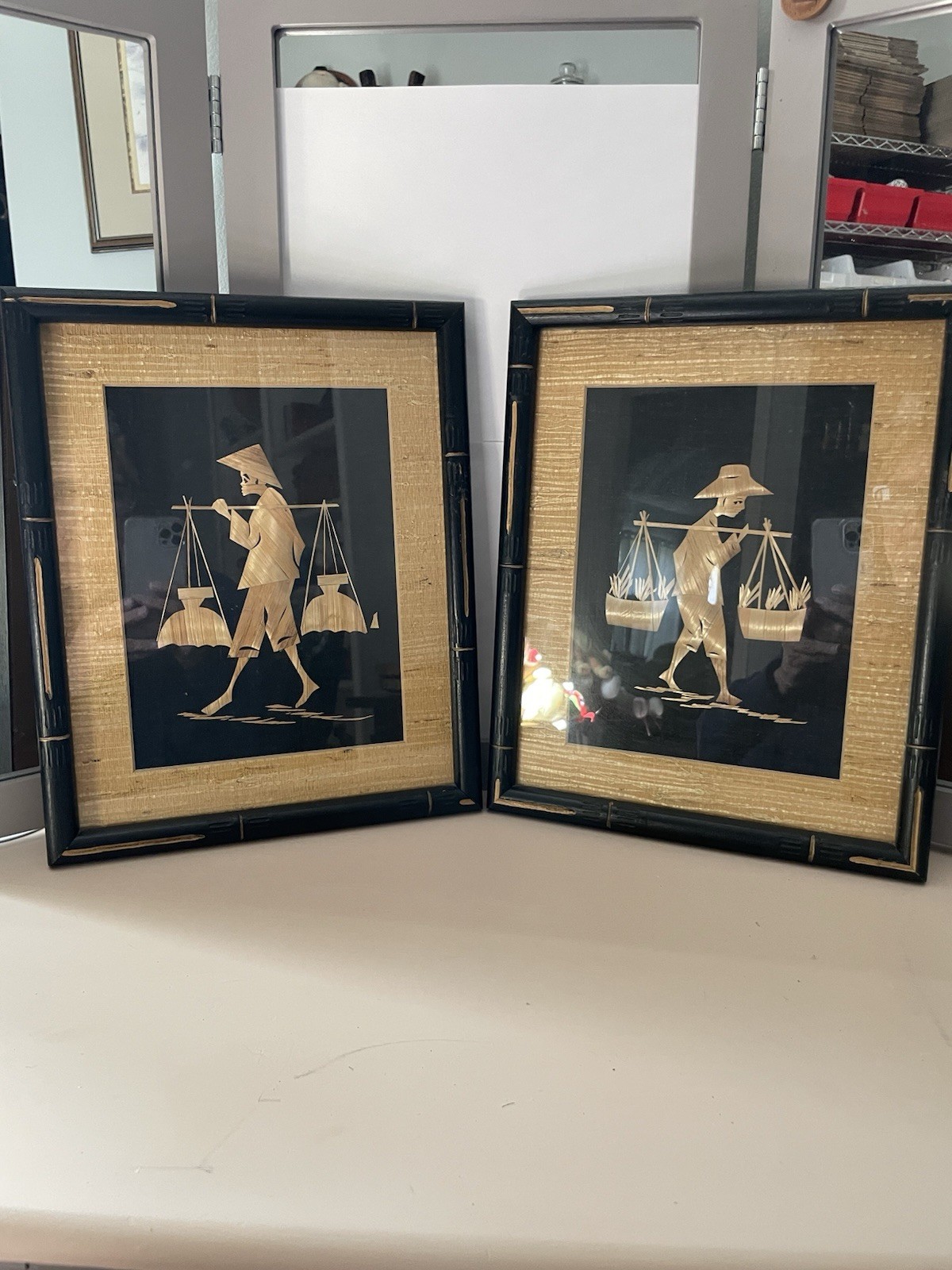 Vintage Asian Rice Straw Art Pictures Set of 2 Bamboo Frame Conical Hat Figure