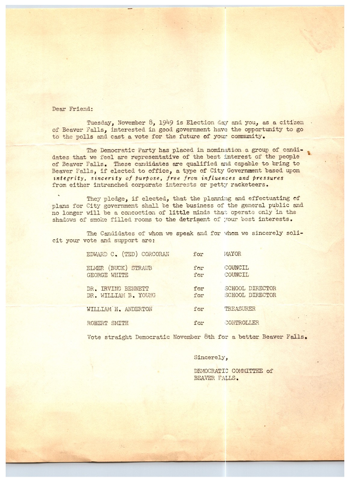 Original 1949 - Letter From Republican Candidates of Beaver Falls, Pennsylvania