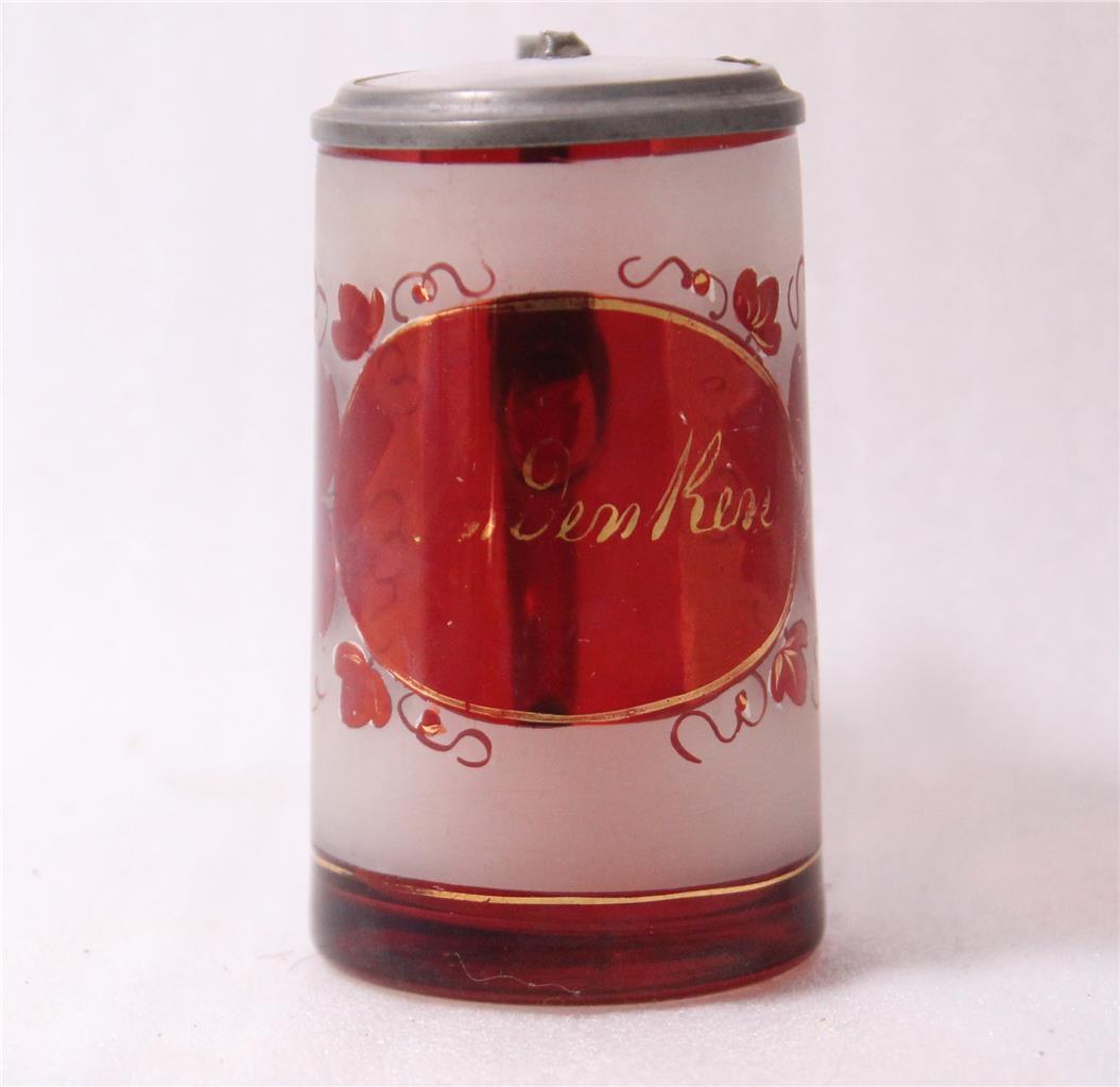 Antique German Bohemian Ruby Red/Frosted Glass Beer Stein w/Inlaid Lid c.1870s