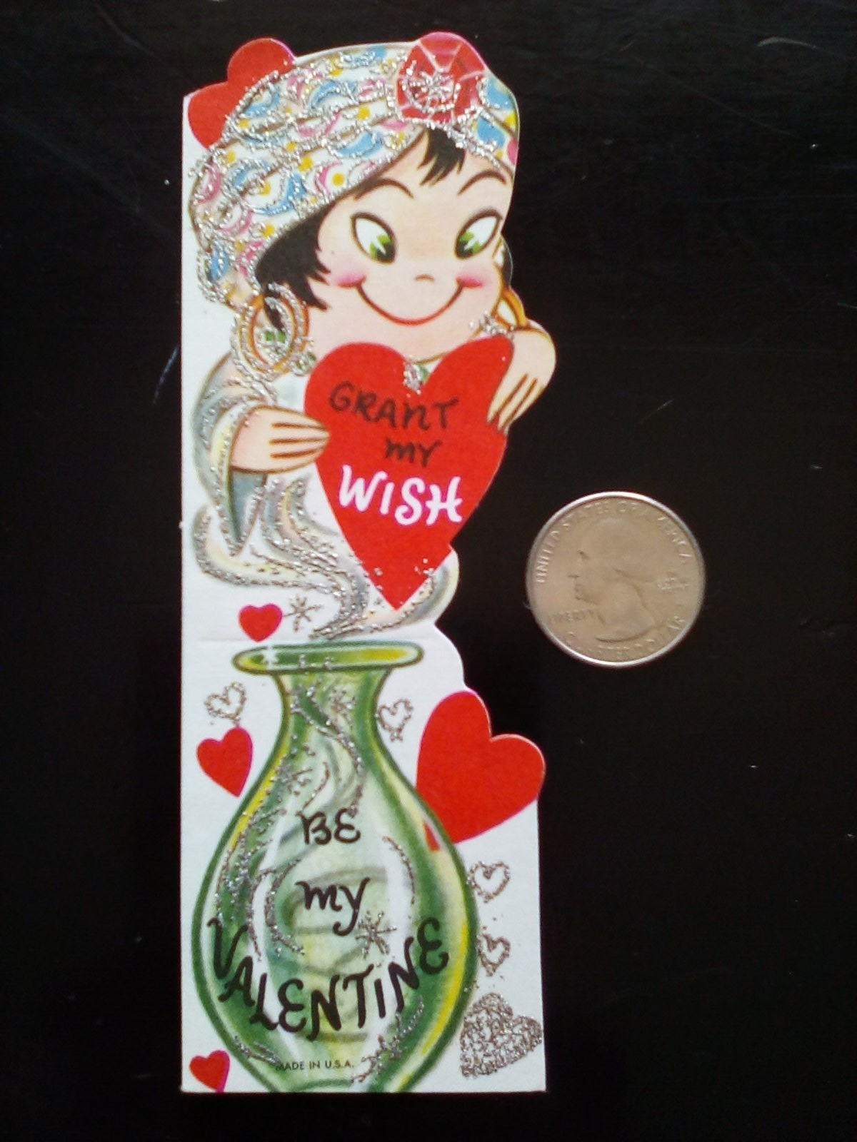 Vtg Valentine Card Unused Gypsy Genie Bottle Grant My Wish Glitter NOS