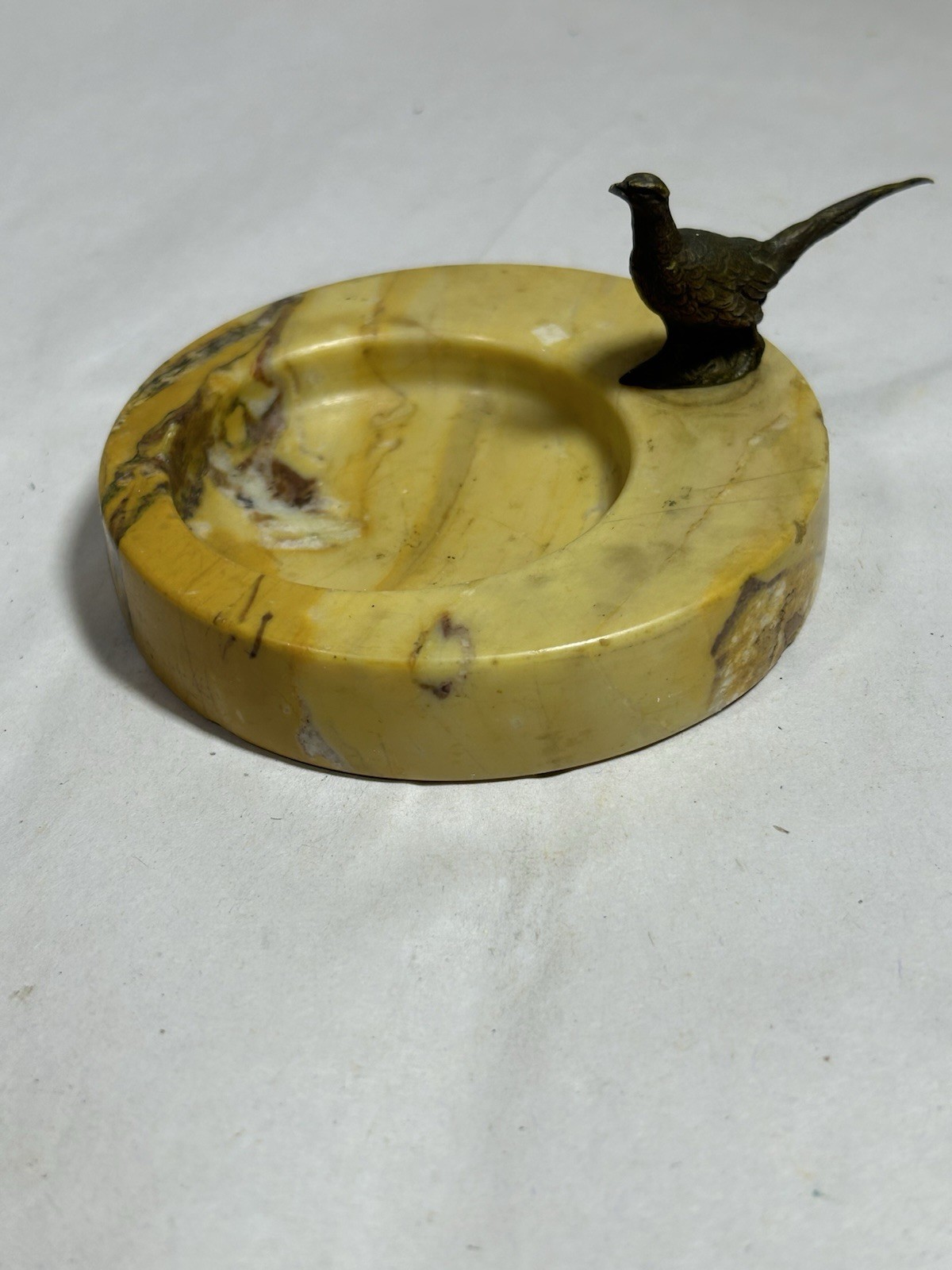 Vintage Art Deco Brass Pheasant Marble Figural Ashtray Trinket Dish Lodge Cabin
