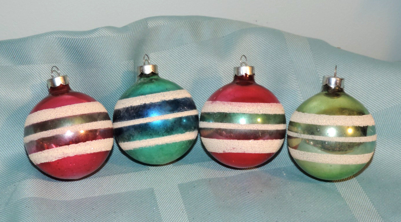 Lot of 4 Vintage Multicolor Mica Striped Glass Ornaments Made In USA Shiny Brite