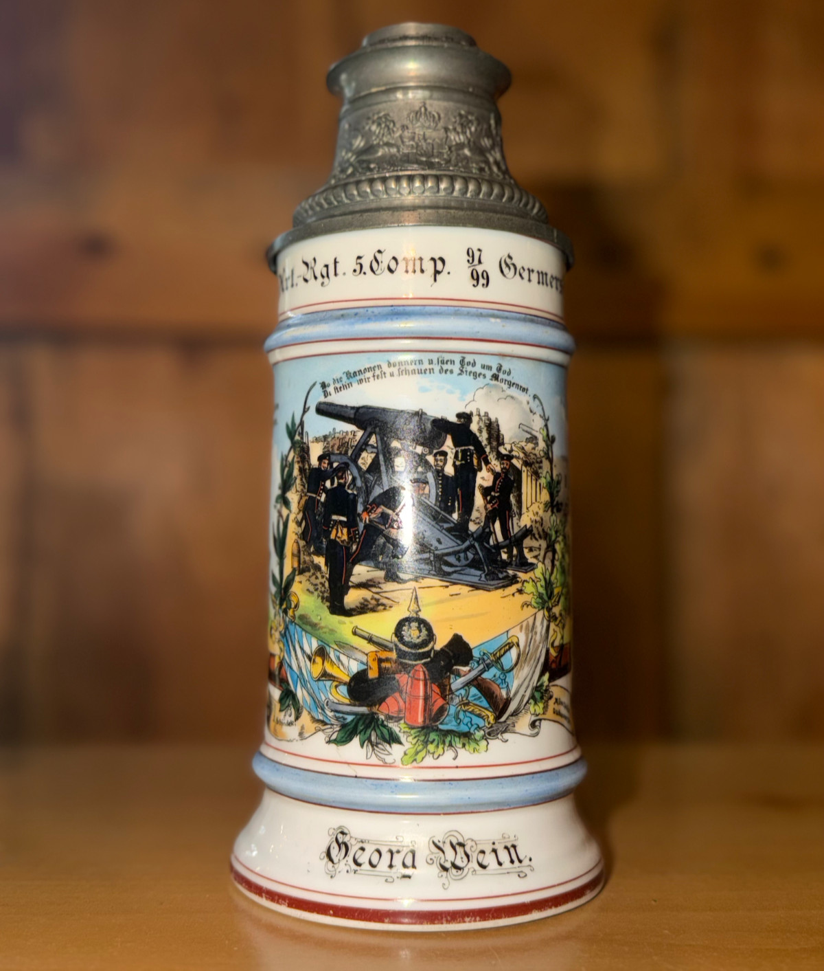 Antique German Regimental Stein 1897-99 Bavarian Artillery Lithophane King Otto