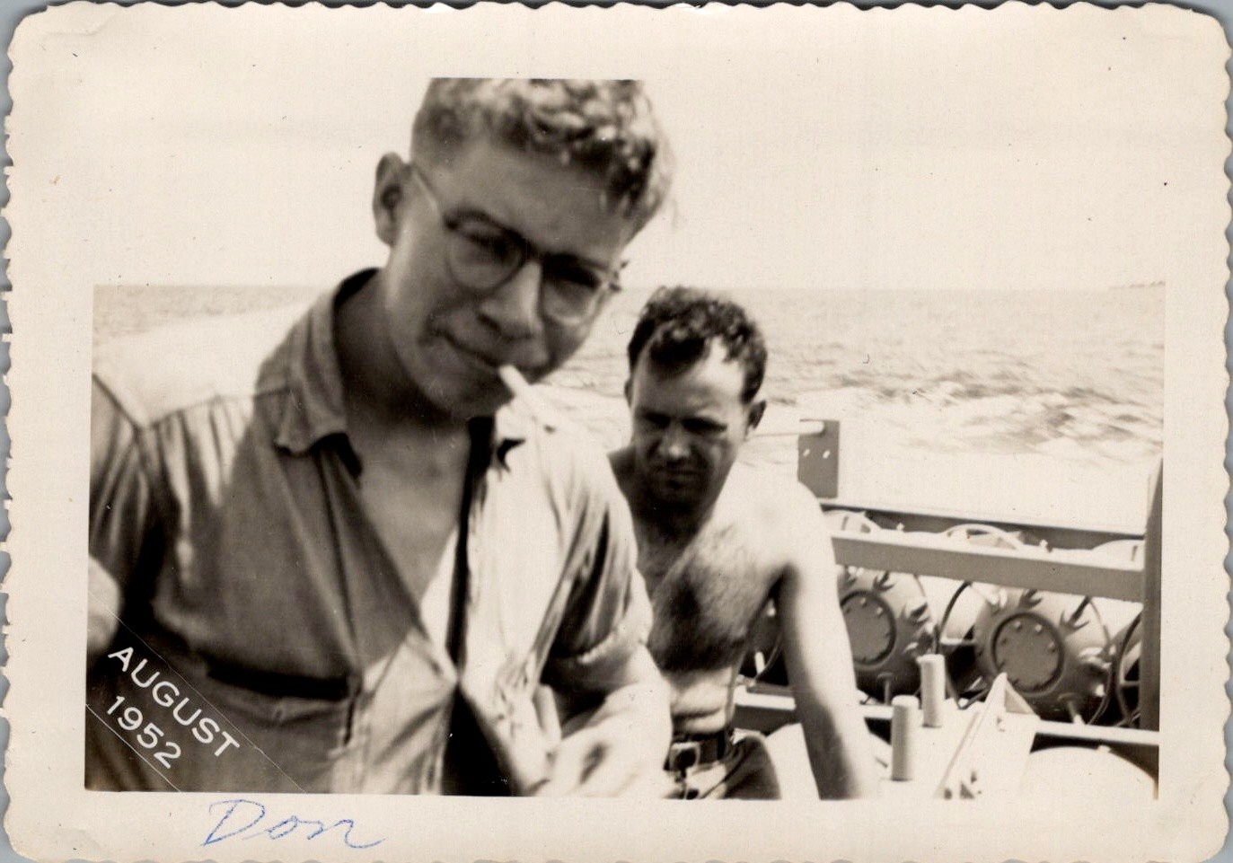 1952 Photograph US Navy Sailors Smoking by Contact Mines on Deck at Sea