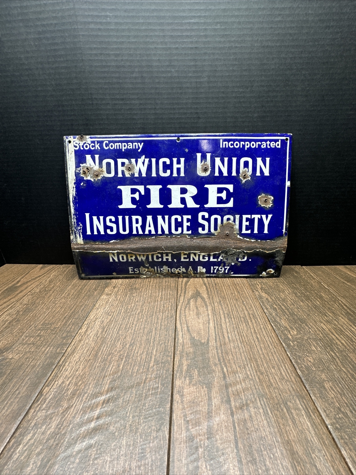 Vintage Norwich Union Fire Insurance Society Porcelain Sign Norwich England 1797