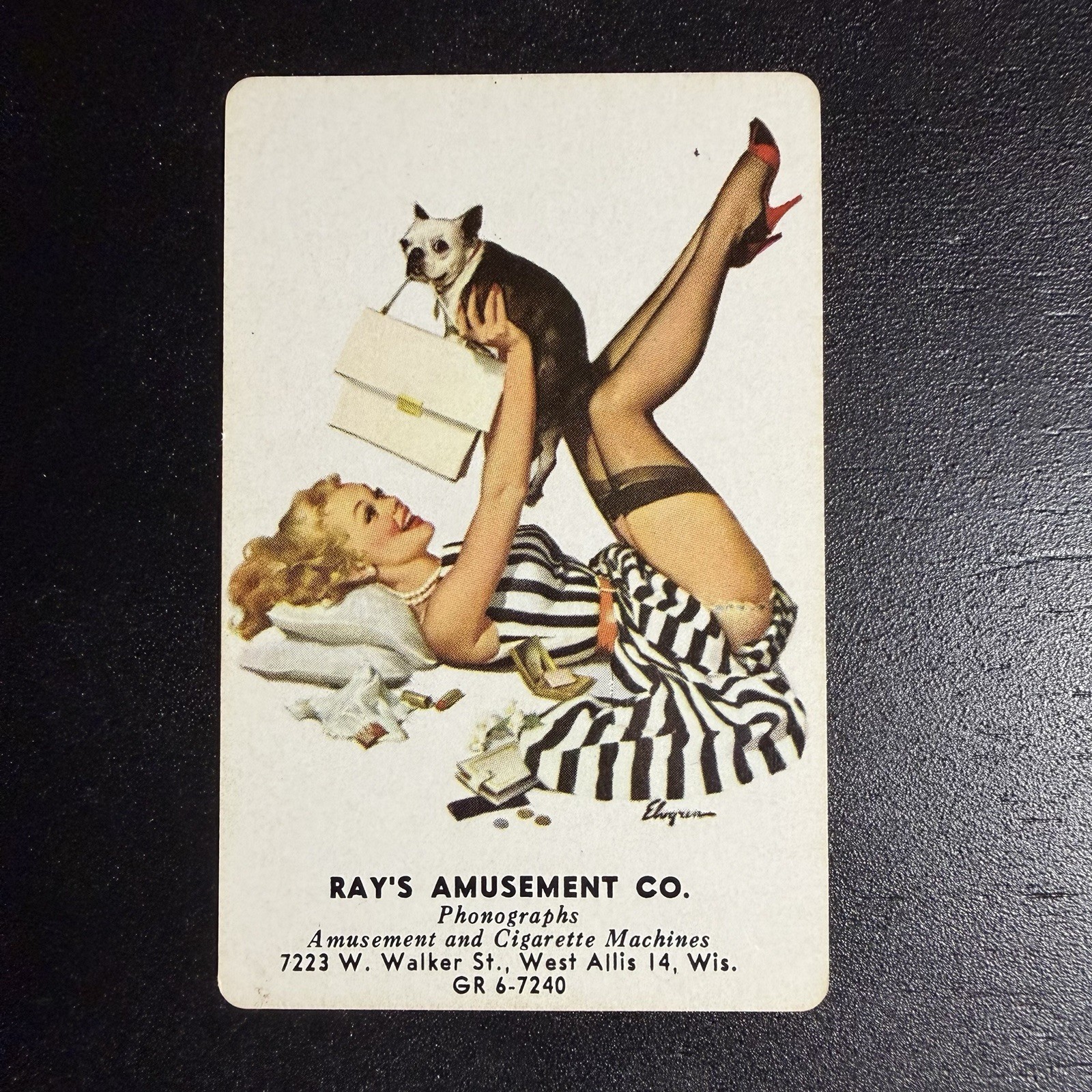 Advertisement Pinup with Boston Terrier Single Swap Playing Card -c. 1950s