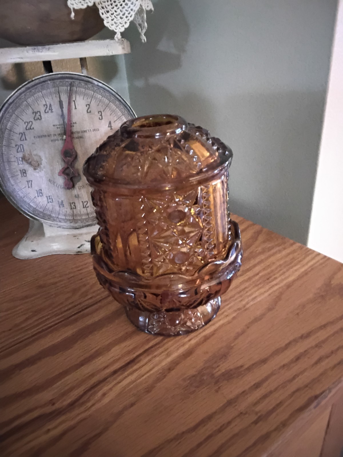 VTG Indiana Glass Amber Stars & Bars Fairy Lamp Light Candle Holder - Excellent
