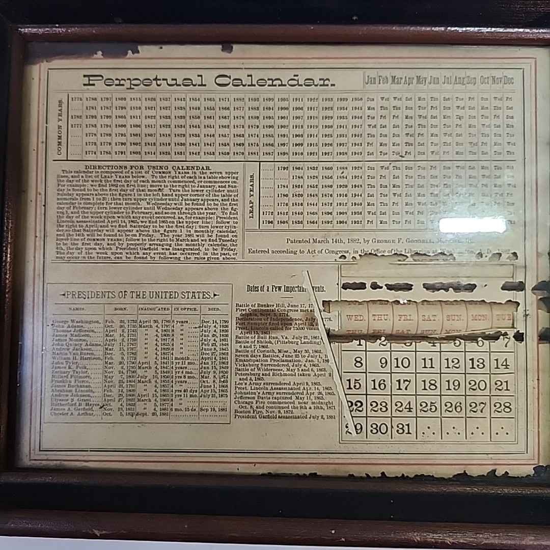 Antique Framed Perpetual Calendar 1882 George F Goodell Patented