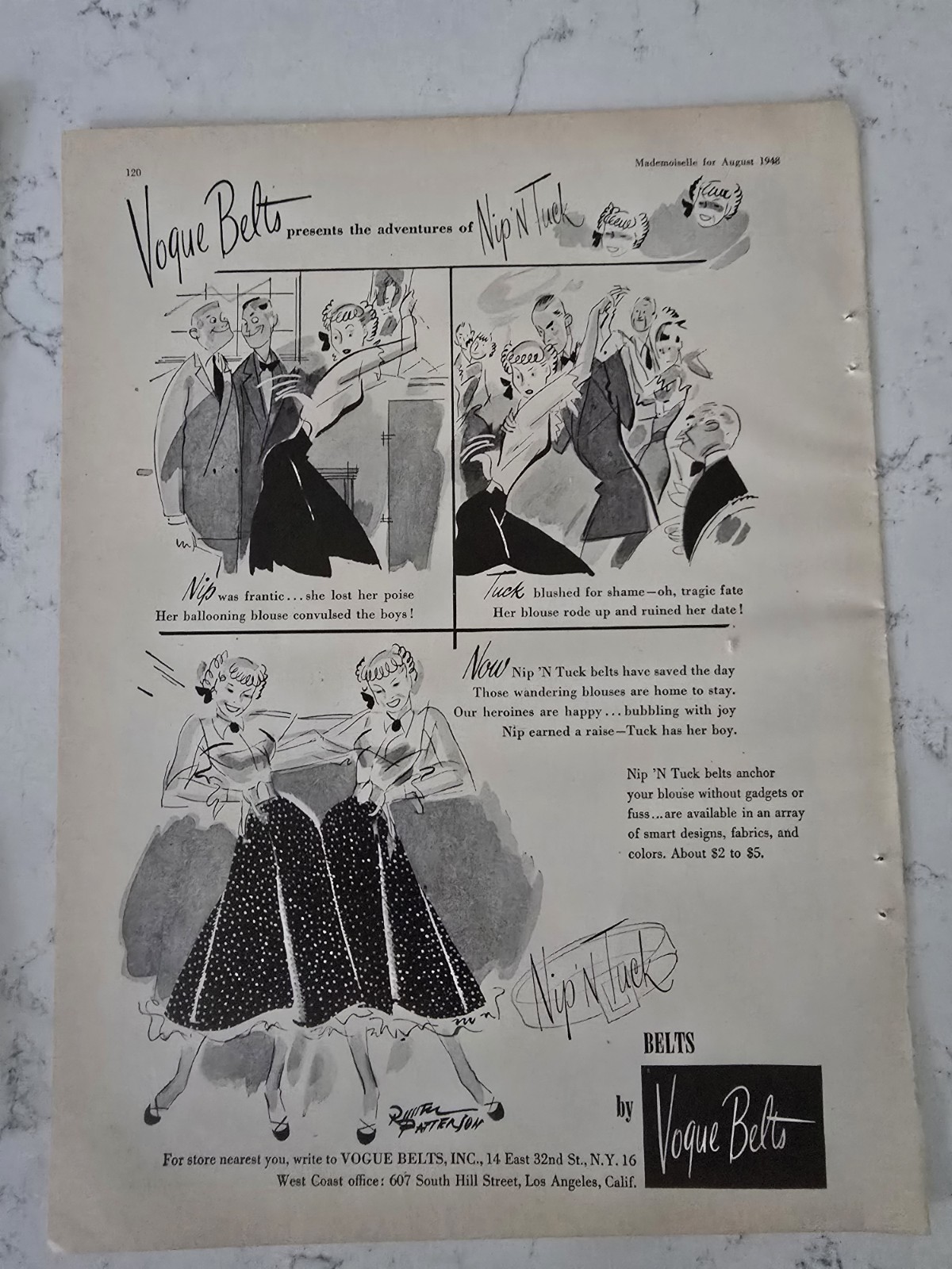 1948 Women\'s Vogue Belts Nip N Tuck Russell Patterson Fashion Art Vintage Ad 