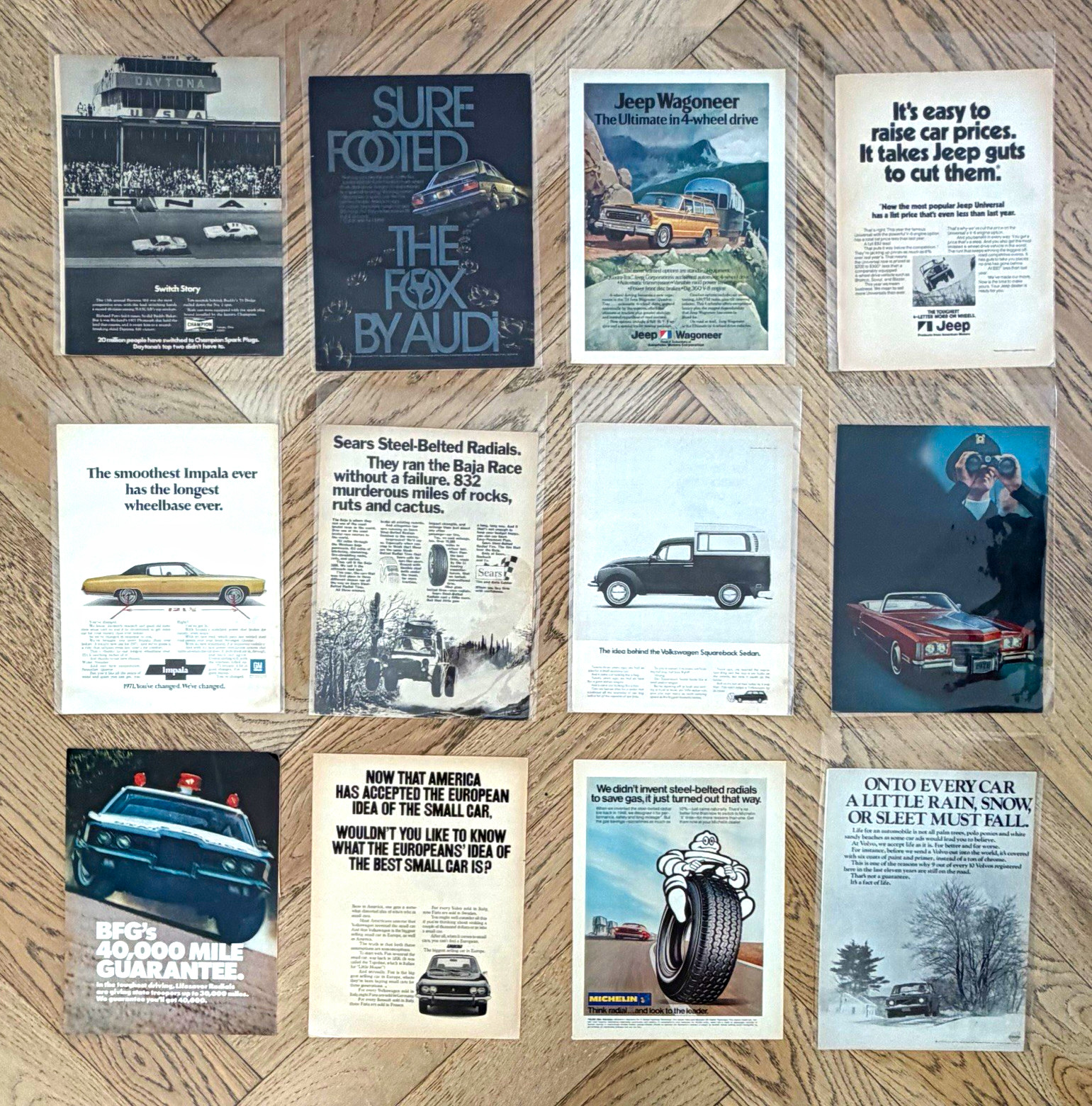 Lot 12 Vintage 1970s Car Tire Ads Sports Illustrated Jeep Impala Cadillac VW
