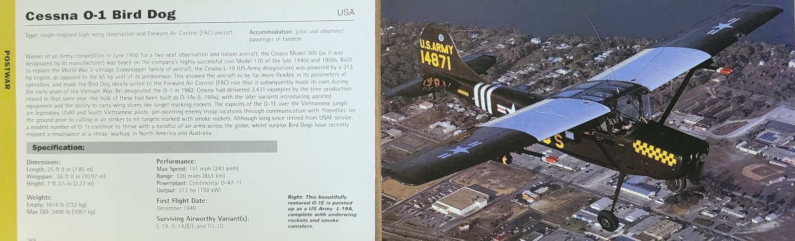 Cessna O-1 O 1 Bird Dog Picture Aircraft Info Detail Vtg Original Article Sheet 