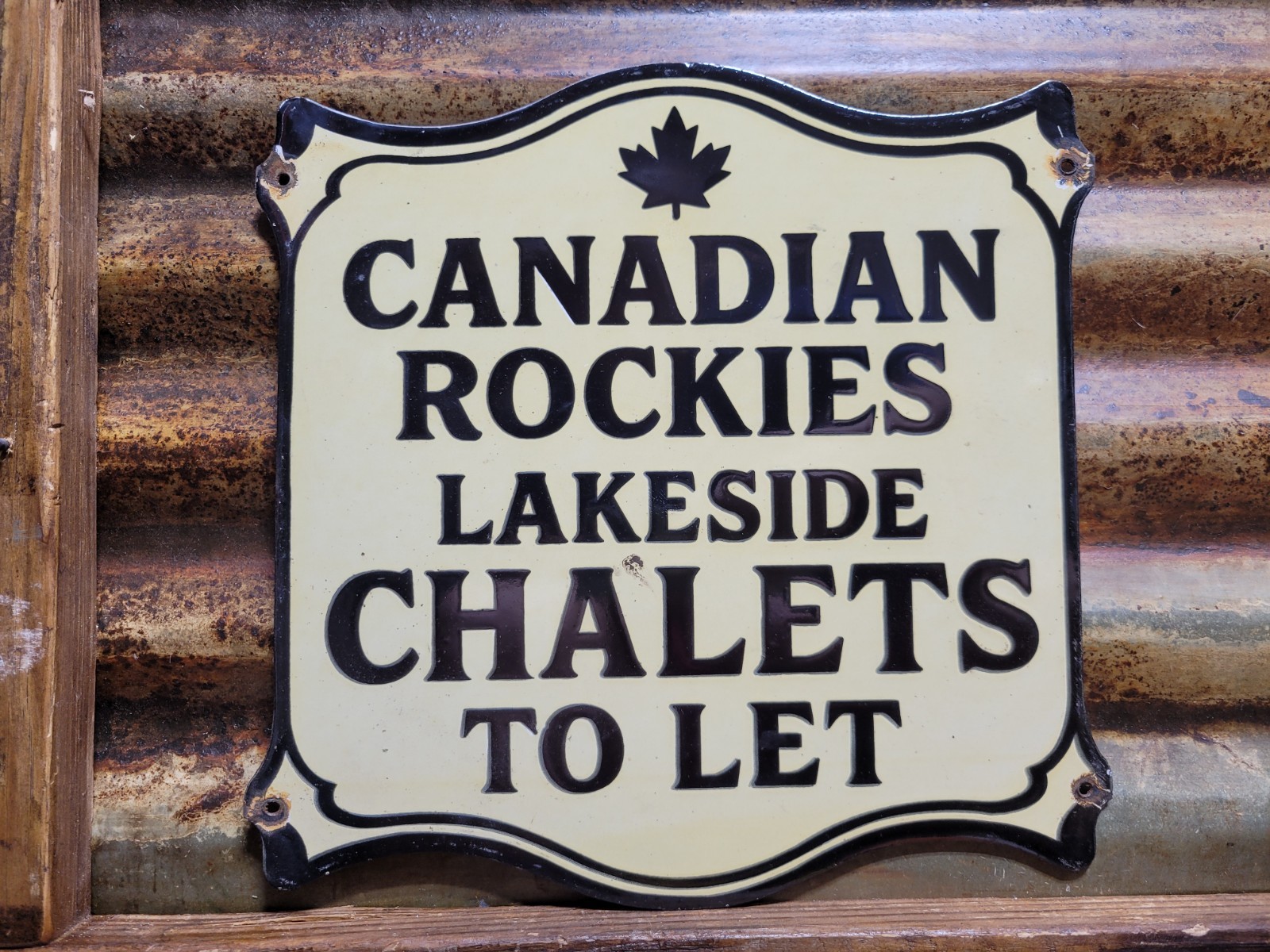 VINTAGE ROCKY MOUNTAINS PORCELAIN SIGN OLD CANADA ROCKIES LAKE CABIN LODGE CAMP